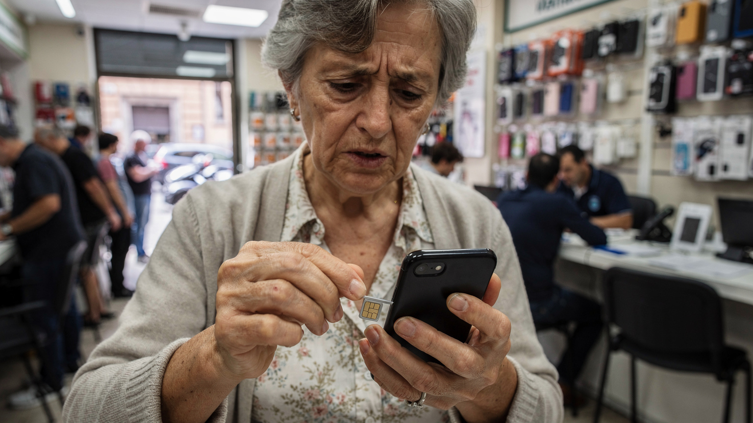 Una signora anziana con un'espressione confusa tenta di inserire una SIM card in uno smartphone in un negozio di telefonia affollato a Roma.