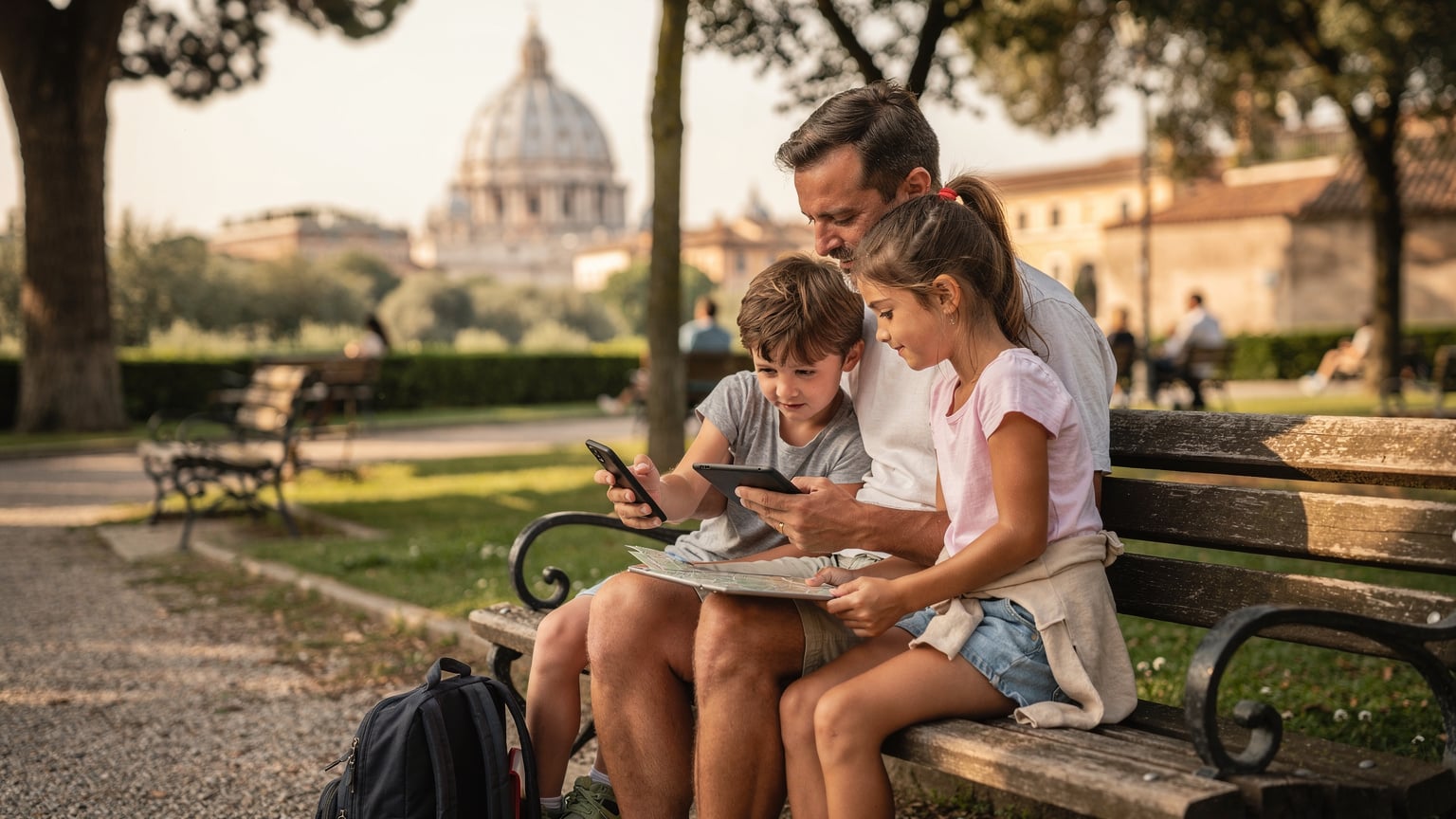 Un padre e due figli in un parco romano, il padre mostra un'app di mappe su uno smartphone e un tablet, con la Cupola di San Pietro sullo sfondo.