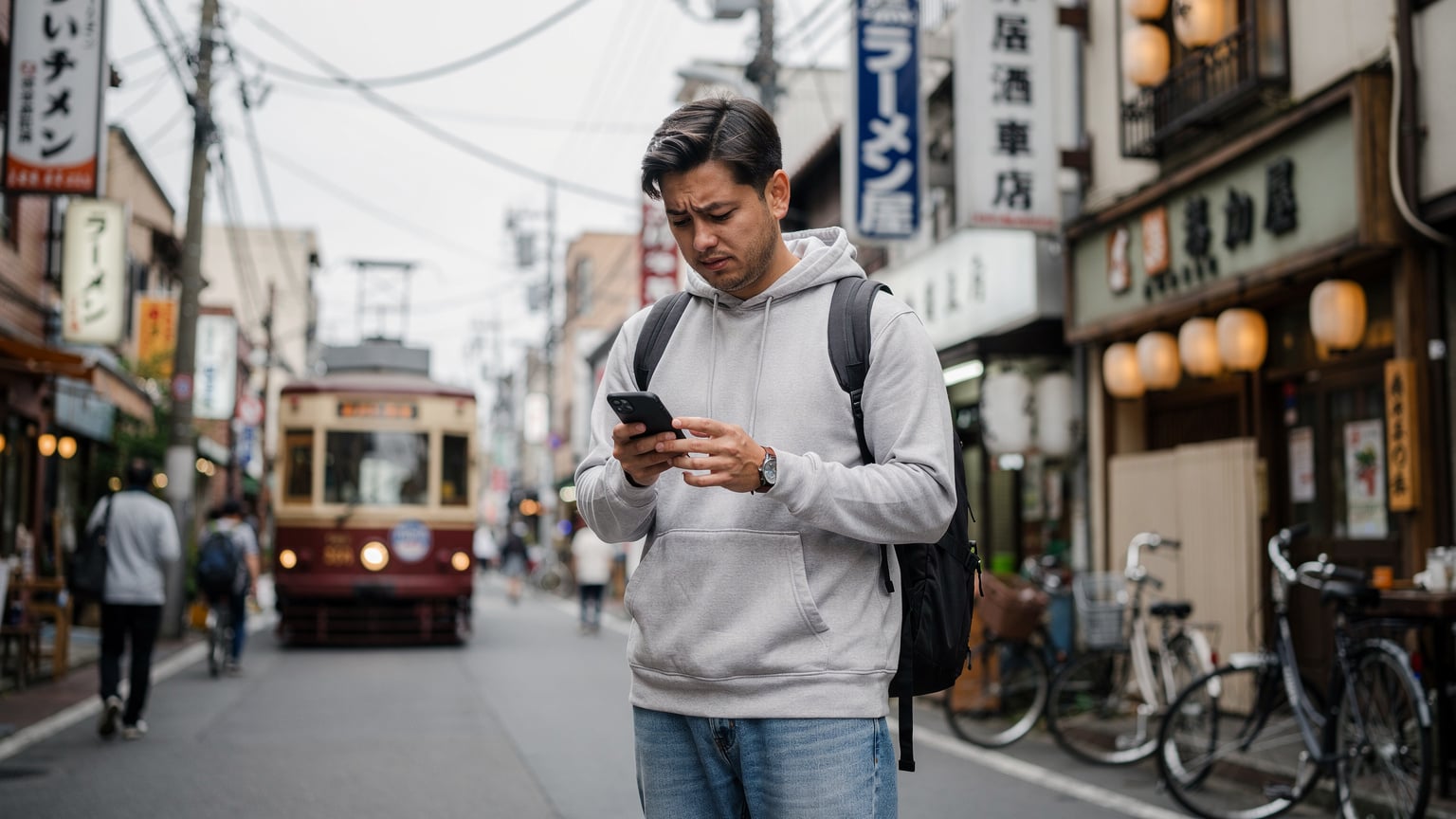 一位旅客在日本福岡的繁忙街道上,嘗試連接自由鳥 eSIM 服務,背景是當地商店和電車。