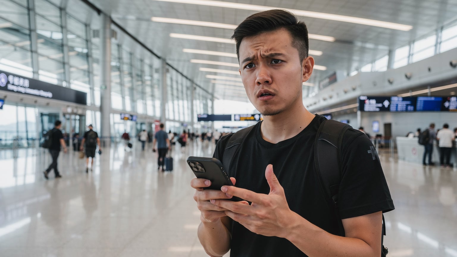 一位中國大陸旅客在香港機場,手持一部不支持 eSIM 的國行 iPhone,面露難色。