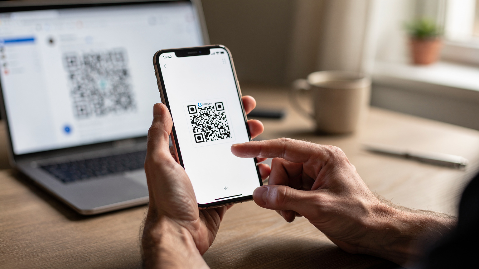 Zbliżenie na dłonie rodzica, który skanuje kod QR eSIM na ekranie smartfona, w tle widać monitor laptopa z otwartym e-mailem.