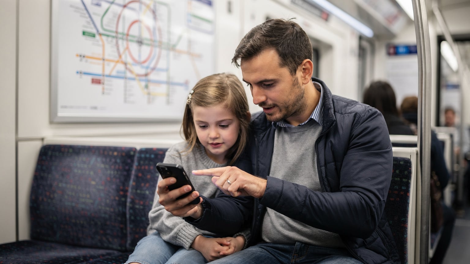 Un padre e sua figlia navigano sulla metropolitana di Londra usando lo smartphone, la mappa dei trasporti visibile sullo sfondo.