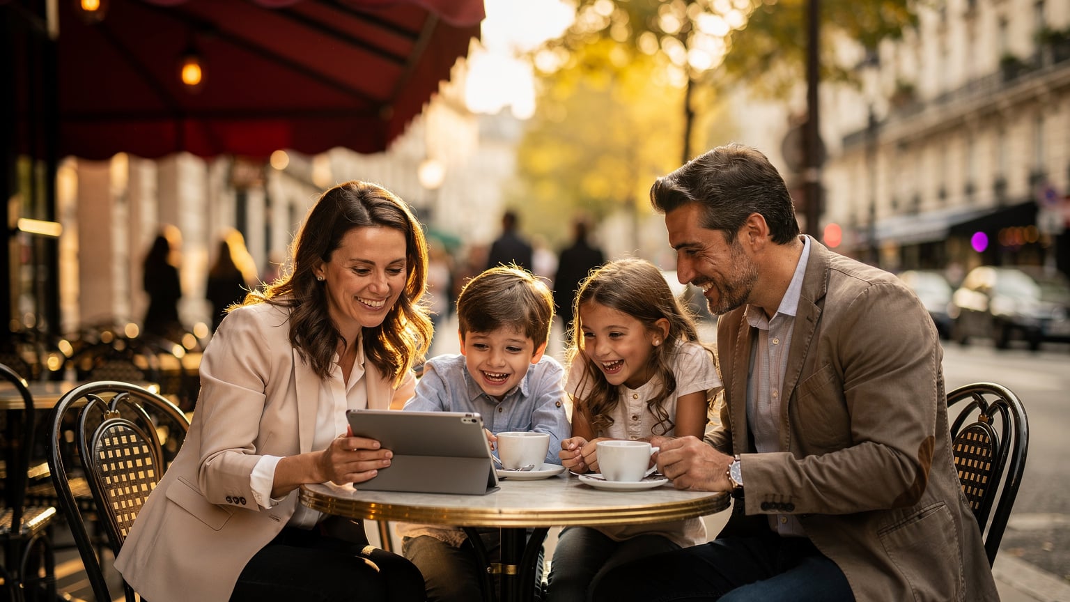 Una famiglia sorridente con due bambini ride a un tavolo all'aperto in un caffè parigino, consultando un tablet e godendosi il momento.