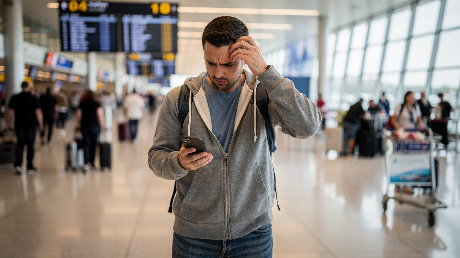 Un viaggiatore visibilmente frustrato in un aeroporto affollato, con lo sguardo fisso sul suo smartphone che non si connette, circondato da valigie e persone indaffarate.