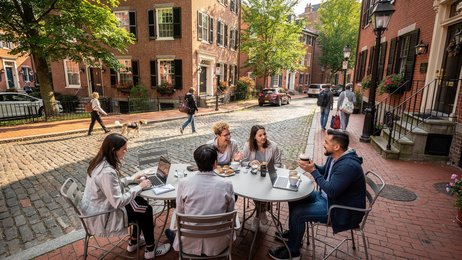 Una veduta aerea di un caffè all'aperto affollato in un quartiere storico di Boston, con persone che lavorano e socializzano, mostrando l'atmosfera vivace della città.