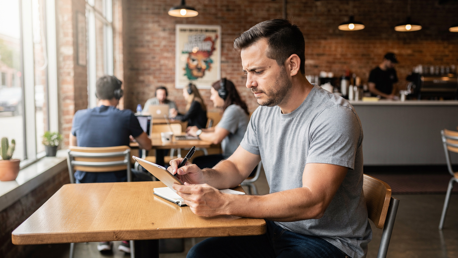Un uomo sta leggendo le recensioni su un'app di coworking su un tablet in un caffè moderno con un'atmosfera vibrante, prima di decidere dove lavorare.