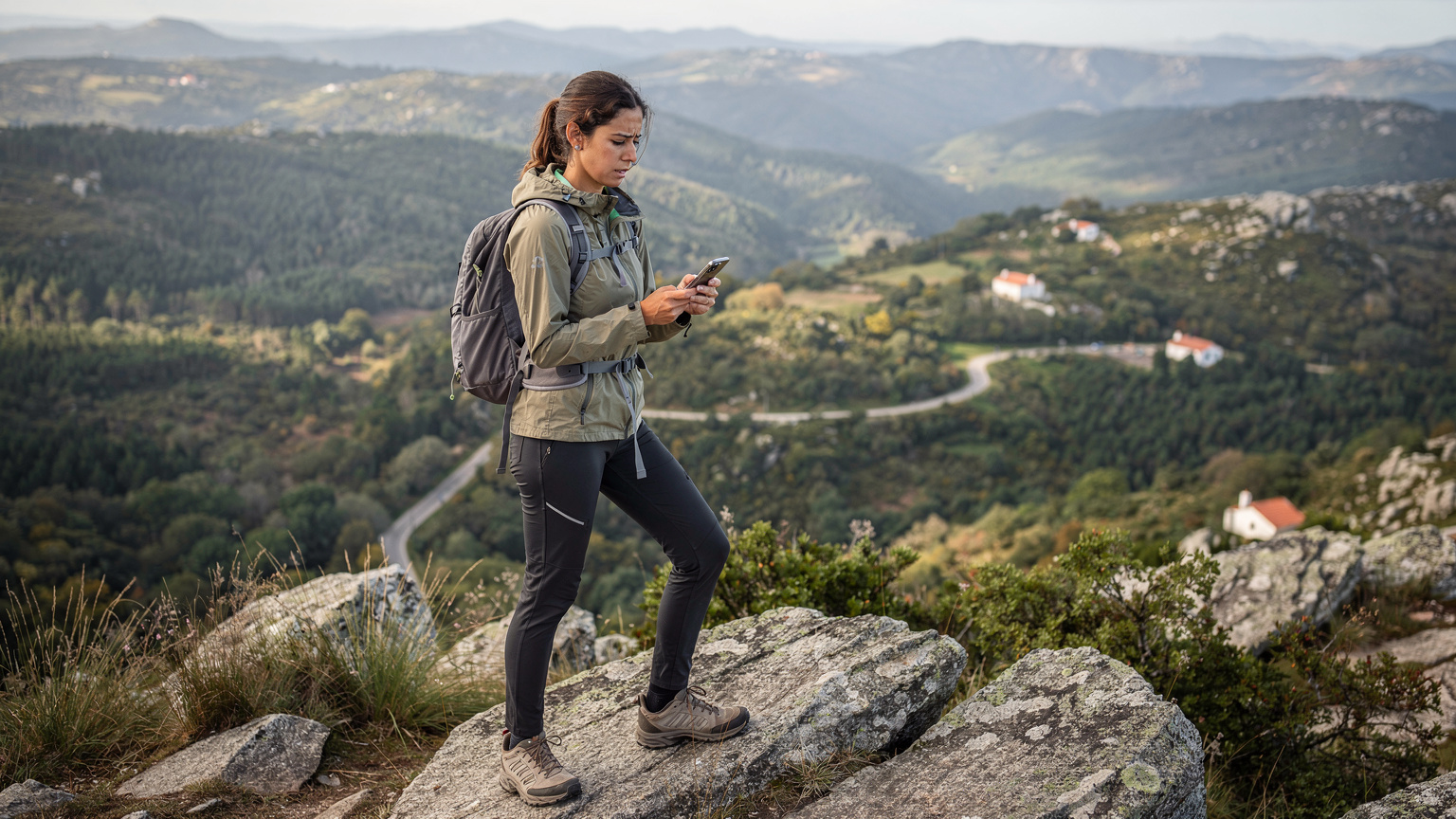 Uma caminhante verificando a cobertura em seu iPhone 18 no topo de uma colina com vista para um vale verdejante no Gerês, buscando o melhor sinal para compartilhar sua experiência.