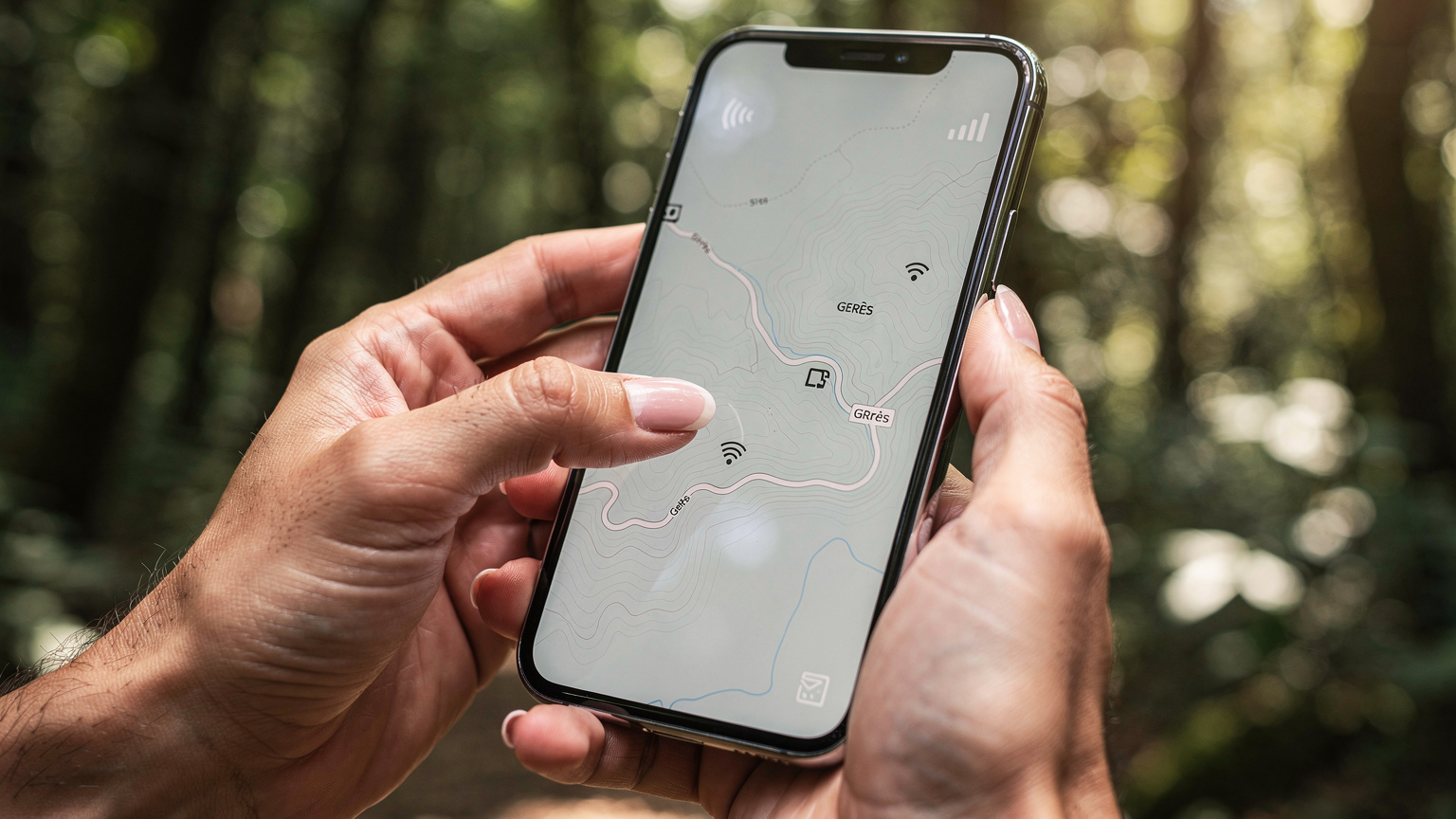 Mãos de um viajante segurando um iPhone 18, com um mapa digital do Gerês aberto, e a interface de seleção de rede visível, tentando encontrar o melhor sinal em uma área com vegetação densa.