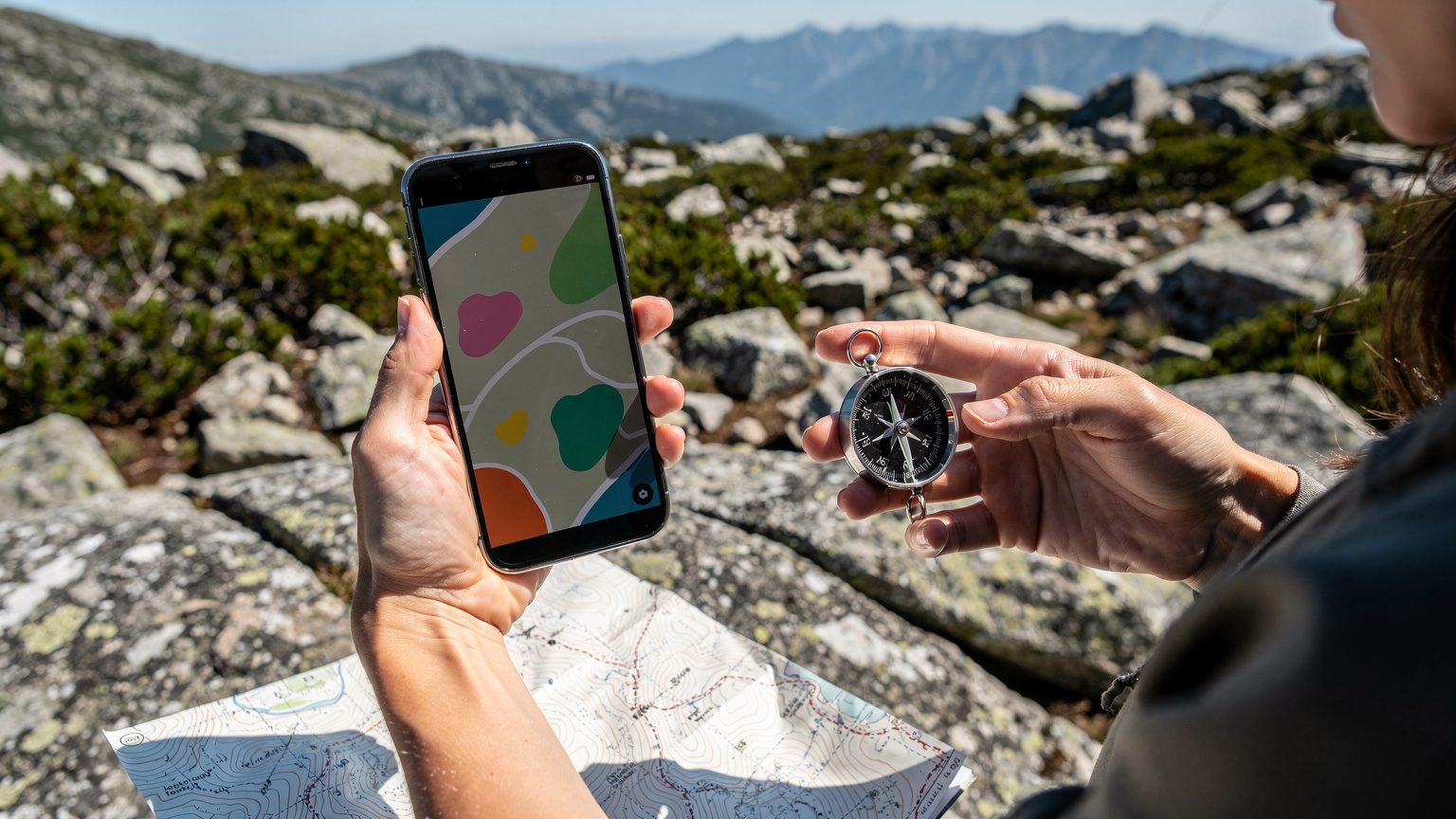 Uma mulher com um smartphone em uma mão e uma bússola na outra, consultando um mapa digital e tradicional em uma área rochosa do Gerês, simbolizando a fusão de tecnologia e aventura para uma navegação segura.