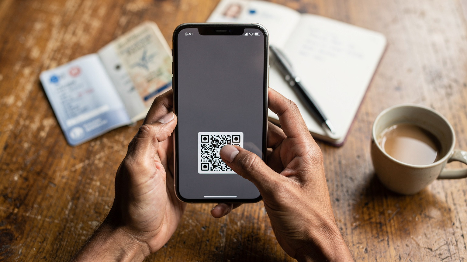 Unas manos sostienen un teléfono, mostrando el proceso de escaneo de un código QR para activar una eSIM, con un pasaporte y una taza de café en una mesa de madera.