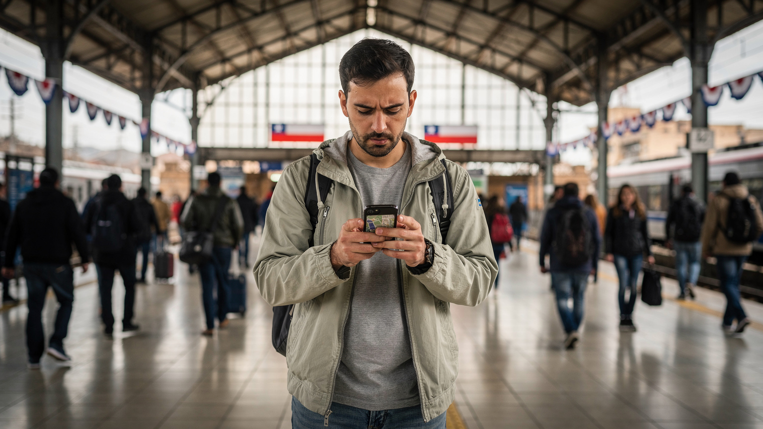 Un viajero consulta un mapa digital en su teléfono, mientras espera en una concurrida estación de tren en Santiago de Chile durante las Fiestas Patrias.
