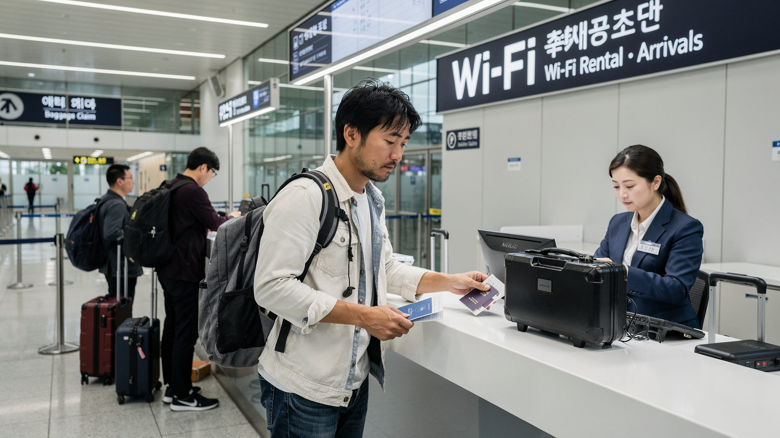 仁川国際空港の到着ロビーで、旅行者がレンタルWi-Fiのカウンターに並び、手荷物と大きなルーターを受け取っている様子。