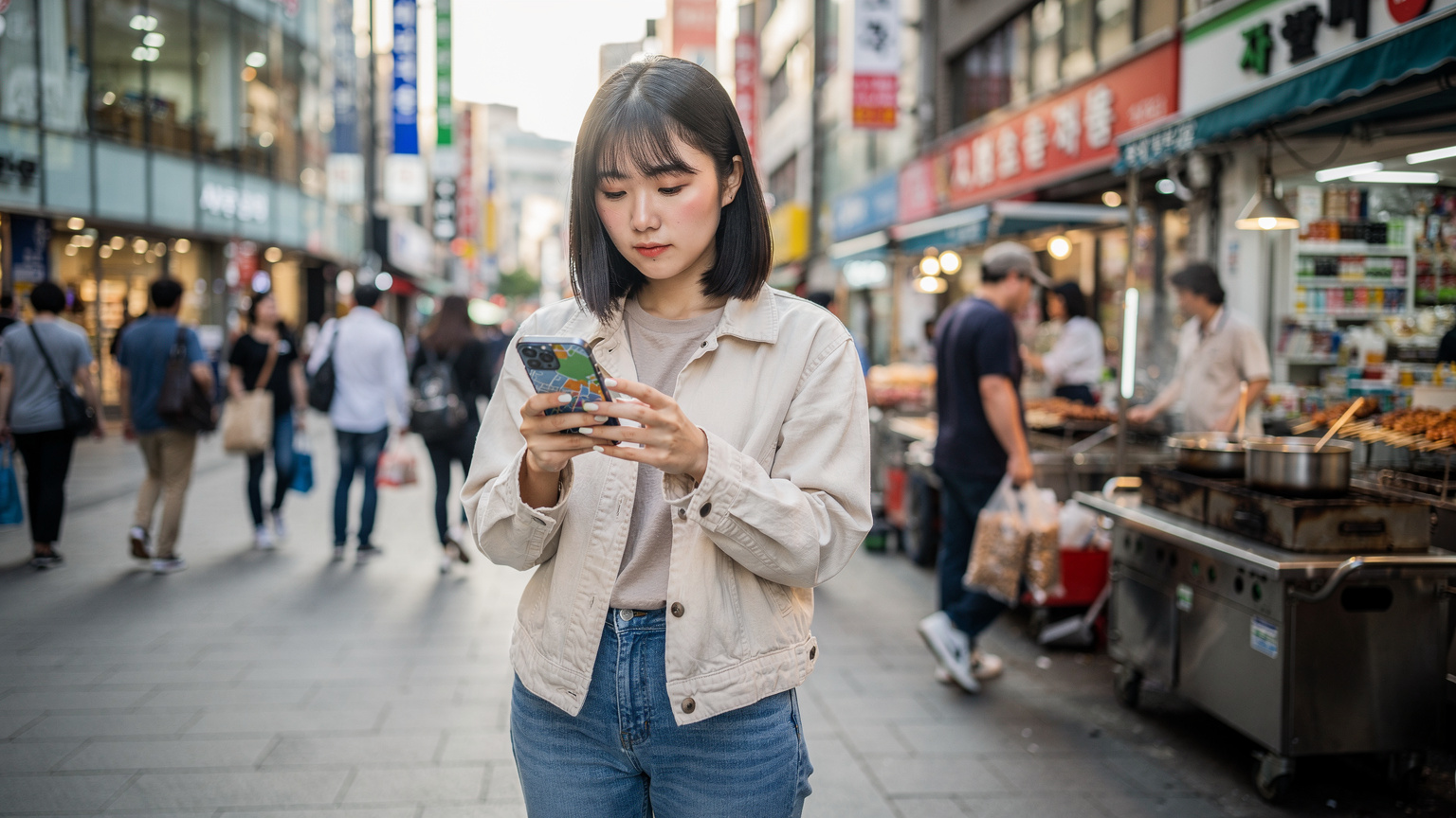 ソウルの明洞で、若い女性がスマートフォンで地図アプリを確認している様子。背景には賑やかな屋台街と人通りが見える。