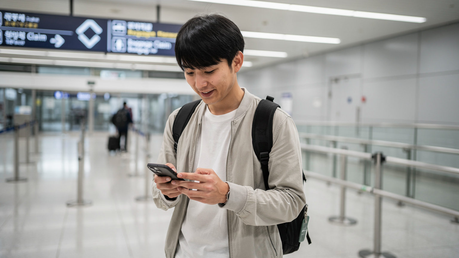 仁川国際空港の入国審査ゲートを通過した直後、若い旅行者がスマートフォンを取り出し、eSIMの設定を確認している様子。安心した表情。