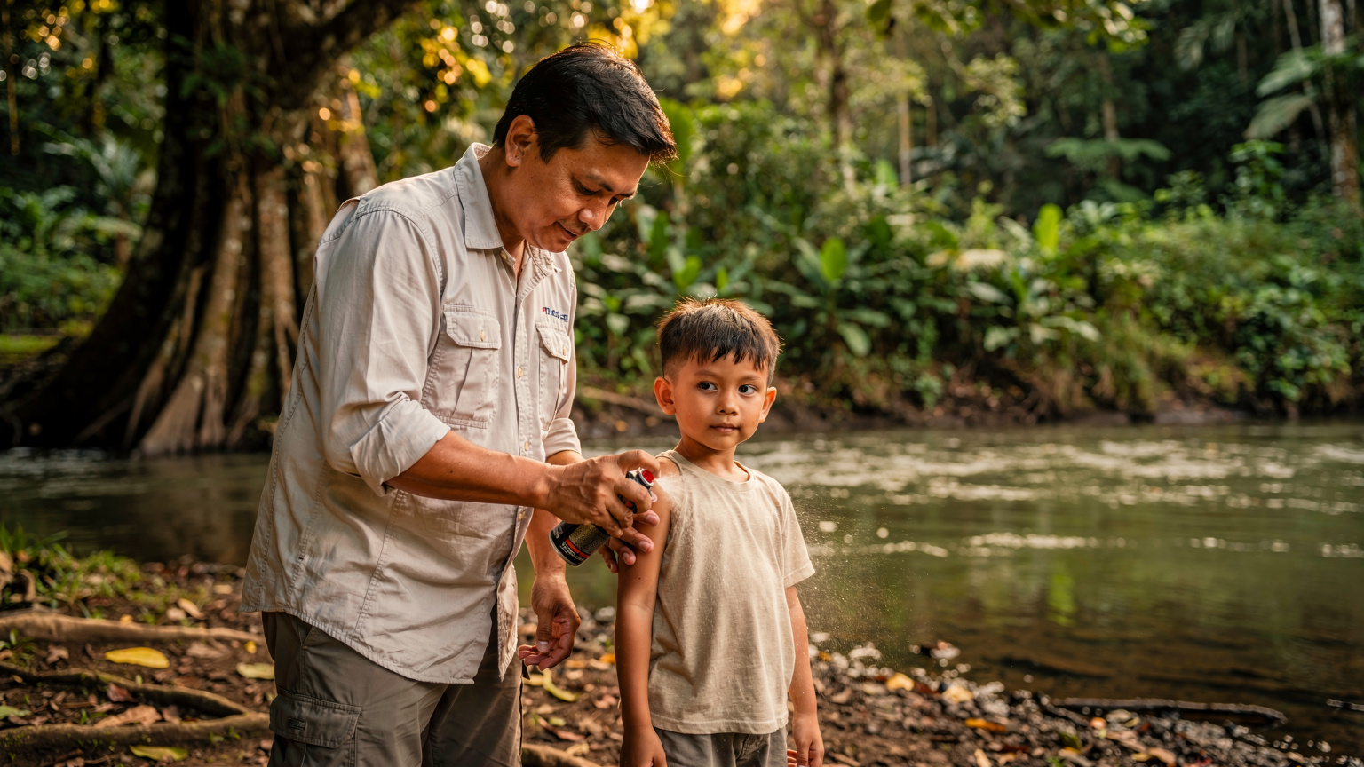 Seorang bapa Malaysia sedang menyapu ubat nyamuk pada lengan anaknya yang berusia kira-kira 7 tahun, sambil anak itu memerhati dengan ingin tahu, di tepi sungai di hutan hujan Borneo.