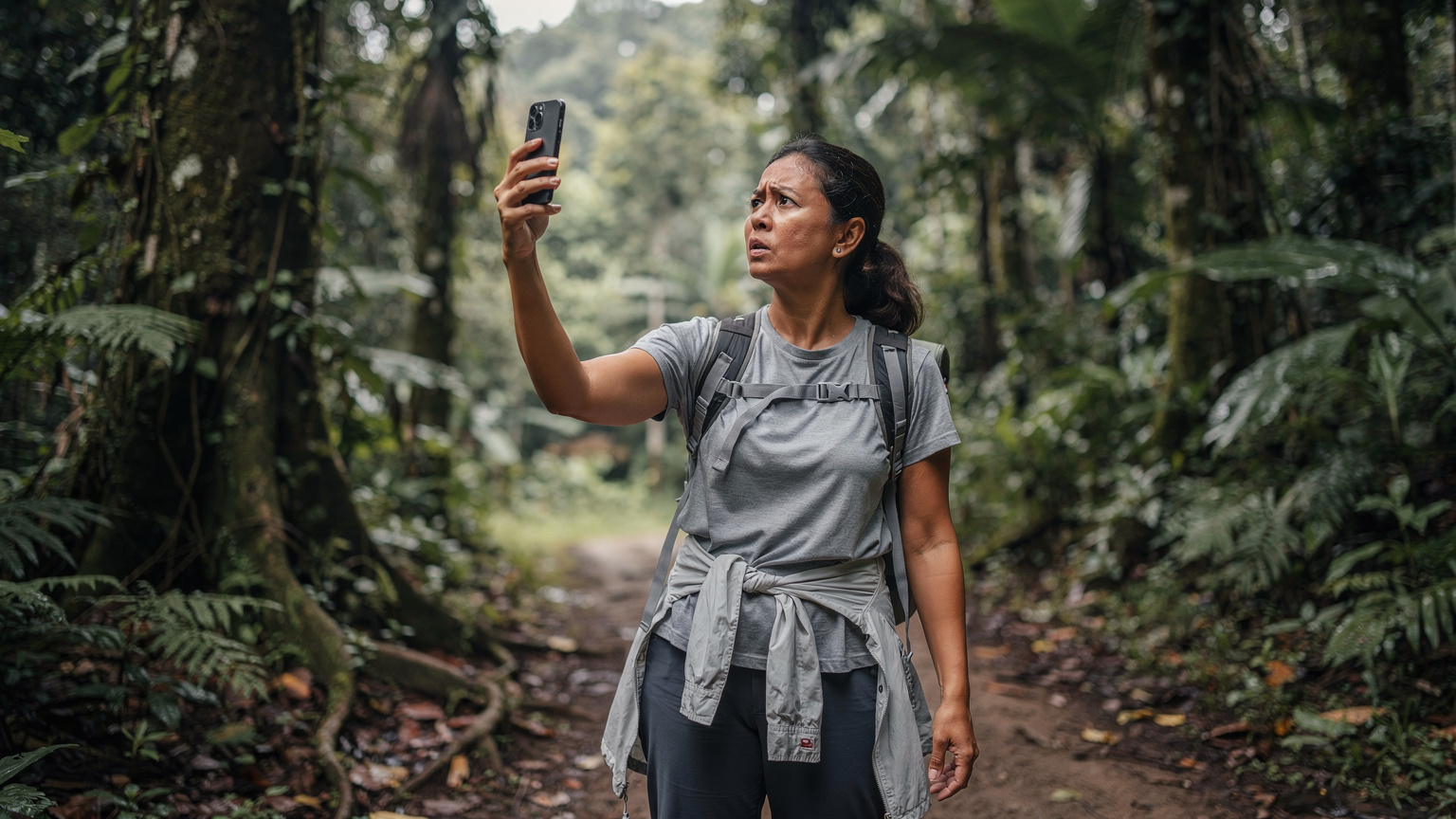 Seorang ibu Malaysia yang kelihatan bimbang sedang memegang telefon pintar, cuba mencari isyarat di tengah-tengah hutan hujan Borneo yang tebal, dengan ekspresi sedikit kecewa atau risau.
