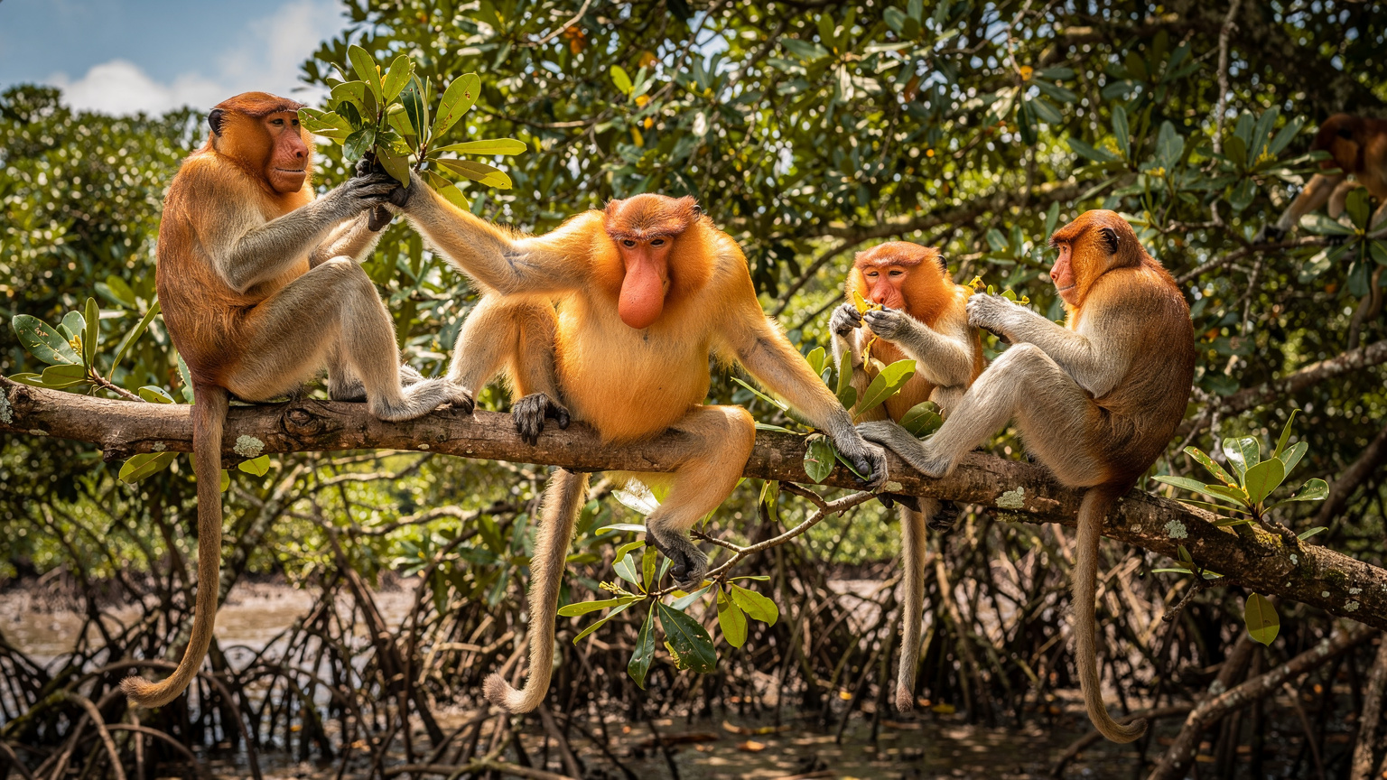 Sekumpulan monyet proboscis jantan dan betina sedang makan daun-daun di pokok, dengan hidung besar mereka yang unik menonjol, di habitat semula jadi mereka di Santuari Hidupan Liar Labuk Bay, Sabah.