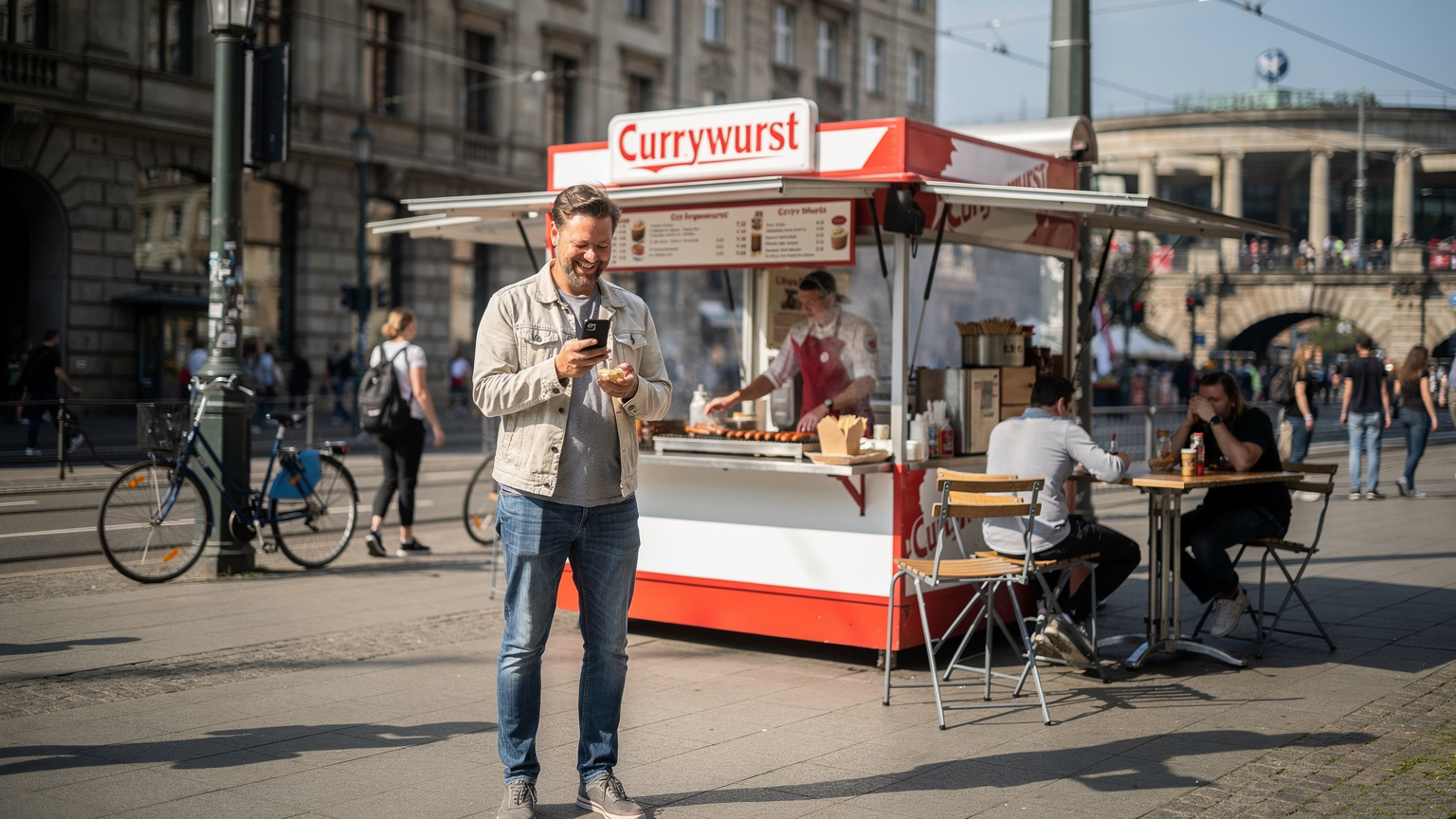 Ein Reisender vor einem typischen Berliner Currywurst-Stand in der Nähe des Alexanderplatzes, der sein Smartphone benutzt, um Informationen zu suchen, während er auf seine Bestellung wartet.