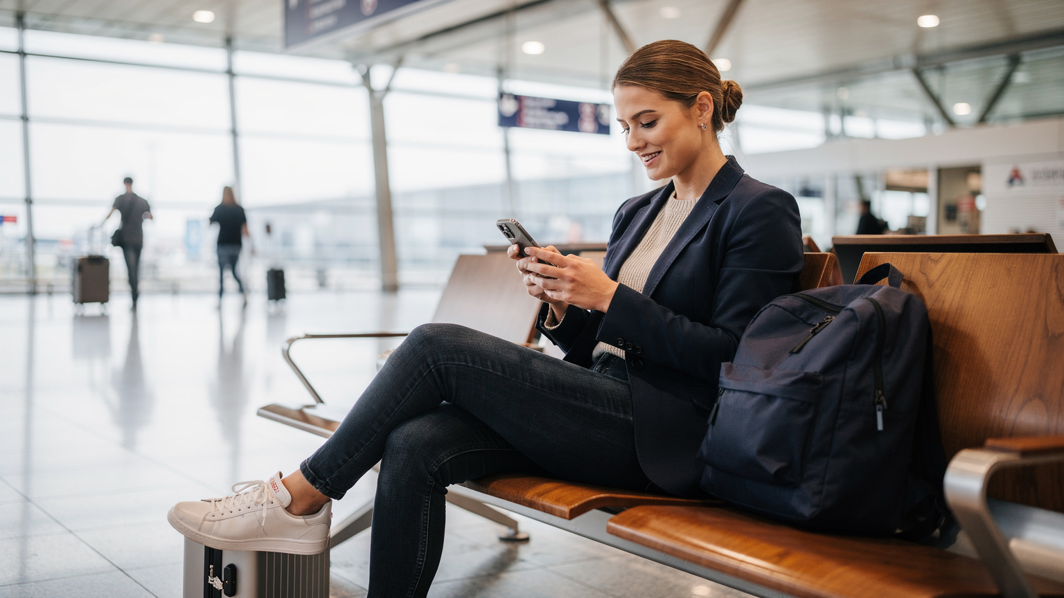 Eine junge Frau am Flughafen Berlin Brandenburg (BER) nutzt ihr Smartphone, um eine eSIM zu aktivieren und ist entspannt, während andere Reisende geschäftig vorbeigehen.