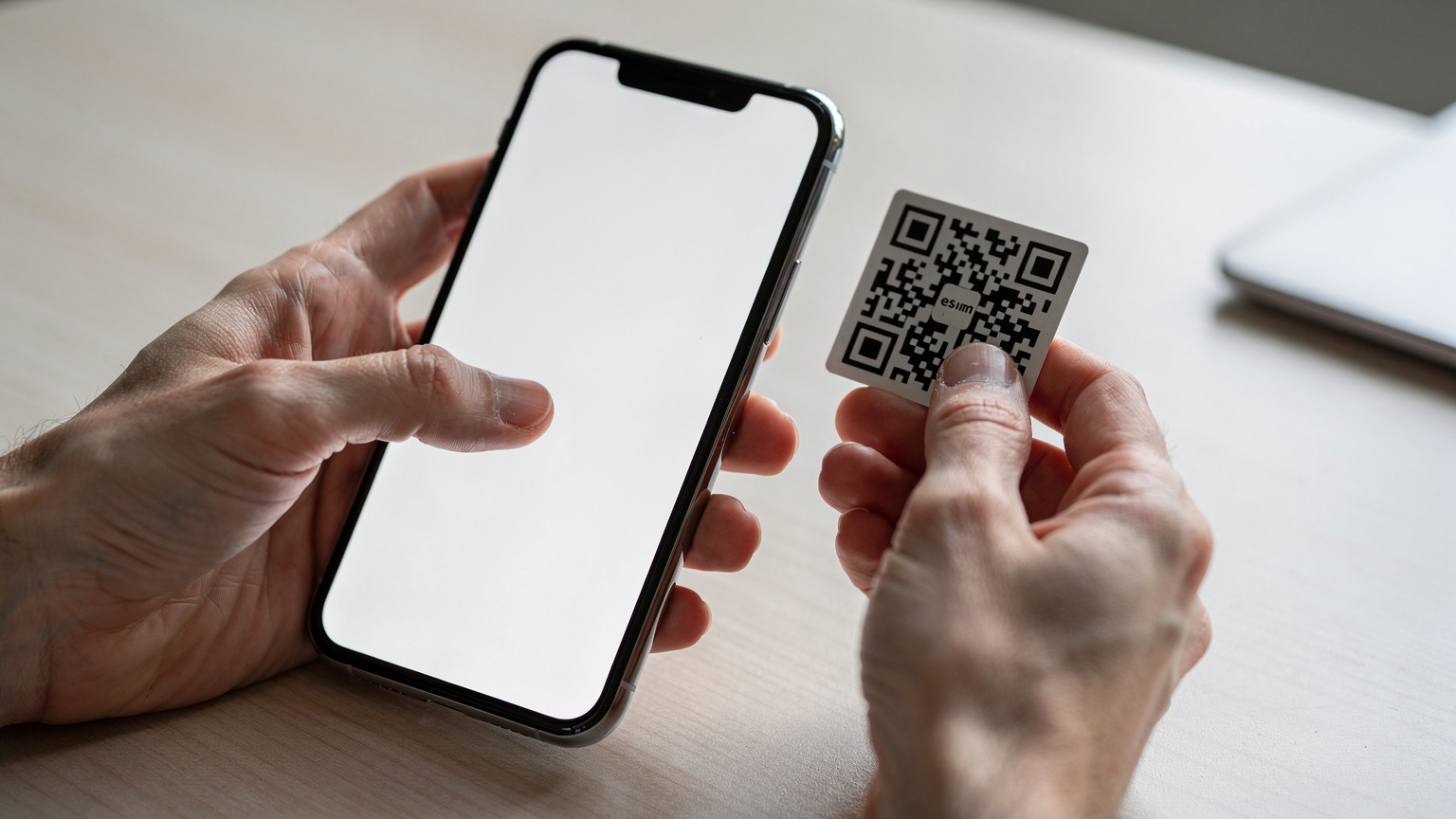 Eine Nahaufnahme von Händen, die ein Smartphone halten und einen QR-Code scannen, um eine eSIM zu aktivieren, mit minimalistischer Darstellung des Aktivierungsprozesses.