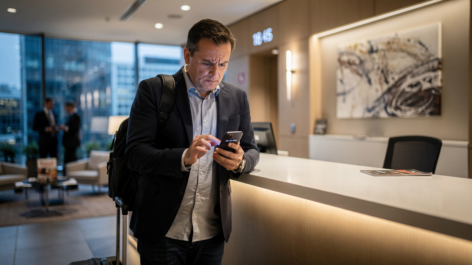 Ein Reisender am Check-in-Schalter eines Hotels in der Frankfurter Innenstadt, der mit besorgtem Blick auf sein Smartphone starrt, während er versucht, eine Verbindung herzustellen, was die Frustration bei Verbindungsproblemen darstellt.