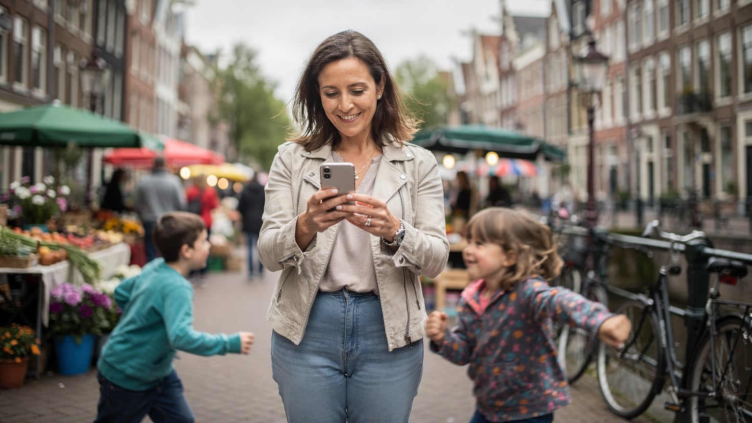 Een moeder checkt haar telefoon met een eSIM in een drukke omgeving, terwijl haar kinderen enthousiast om haar heen spelen, symbool voor de connectiviteit die een eSIM biedt.