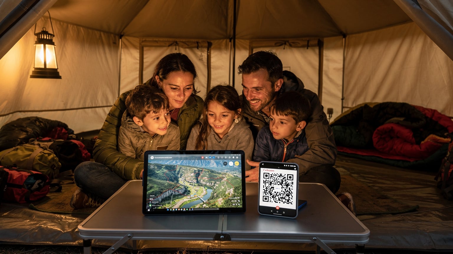 Een gezin leest samen een digitale kaart op een tablet in een tent op een camping in de Ardèche, Frankrijk, met een smartphone ernaast die een Cellesim eSIM-QR-code toont, wat het gemak van connectiviteit illustreert.