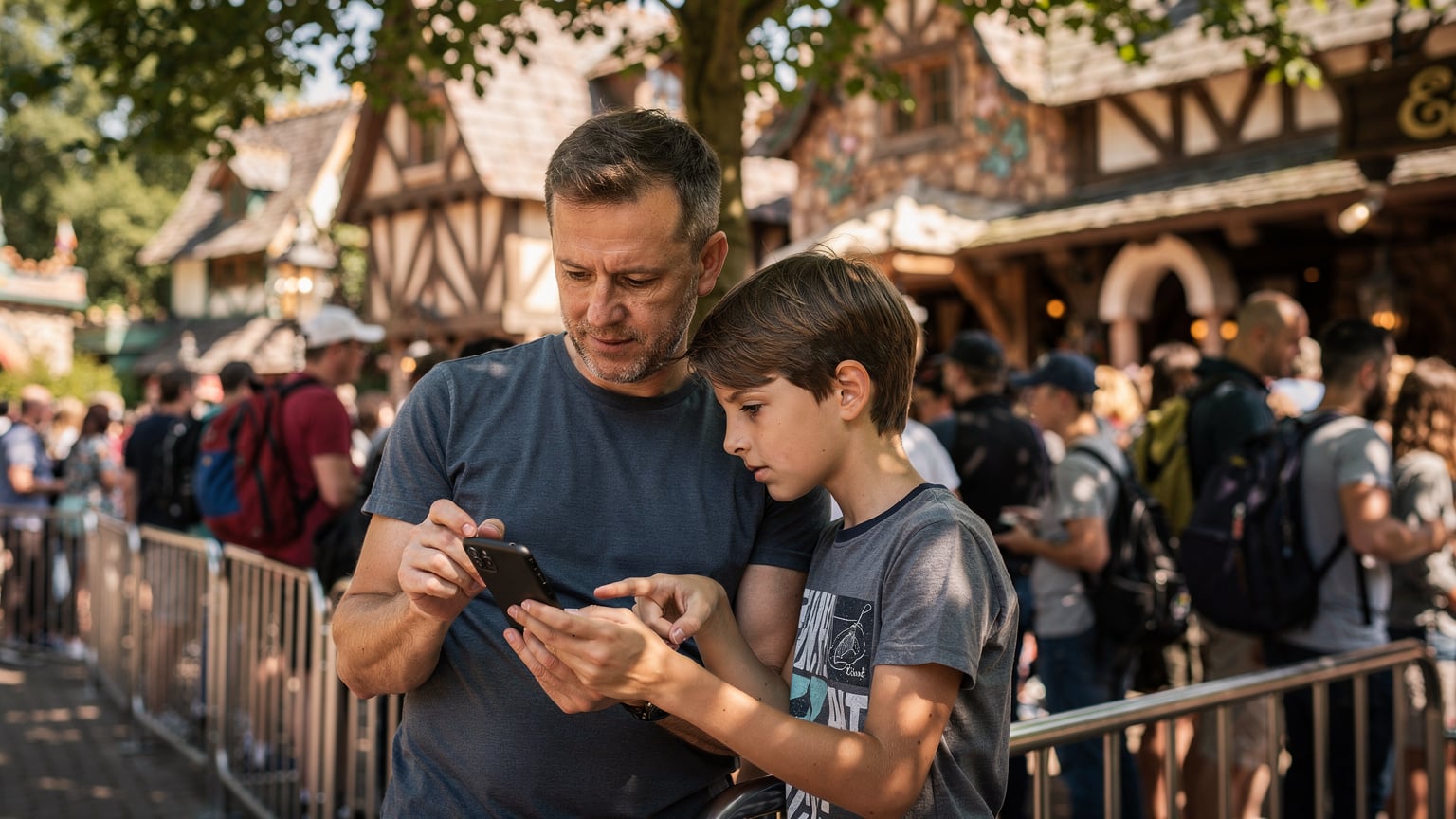 Een vader en zoon kijken met ingespannen gezichten naar een smartphone, de vader wijst naar het scherm, terwijl ze in een drukke rij staan van een pretpark, wat illustreert hoe een eSIM hen verbonden houdt.