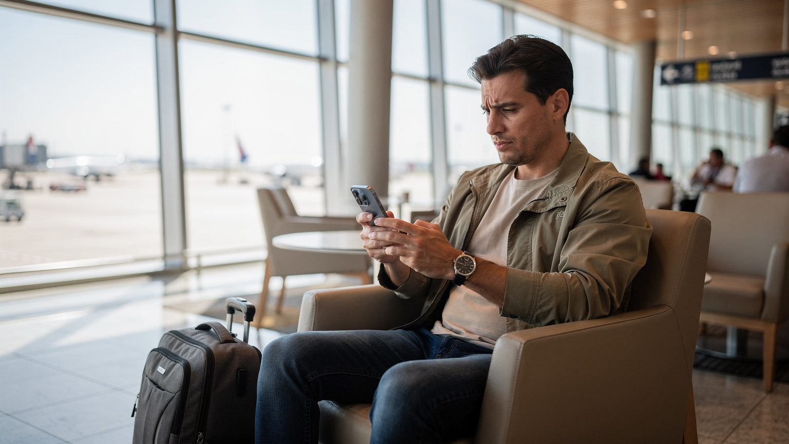 Un viajero consulta el estado de su iPhone 17 en un aeropuerto, asegurándose de que esté listo para su eSIM antes de embarcar hacia Sudamérica.