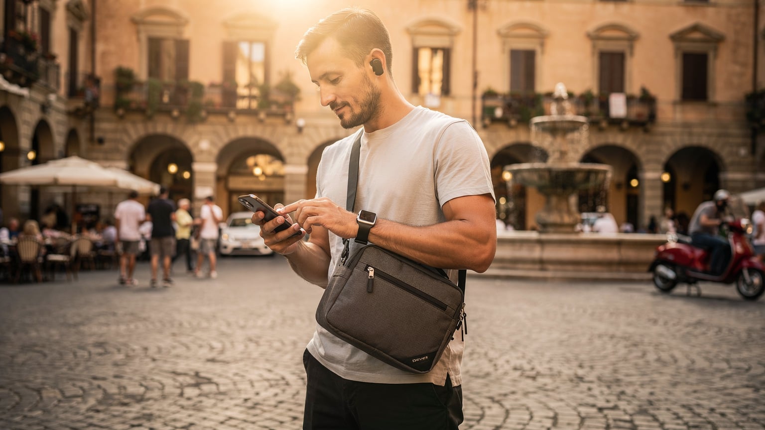 A stylish traveler confidently checks a modern smartphone in a beautiful Italian piazza, illustrating safe and connected travel in Italy.