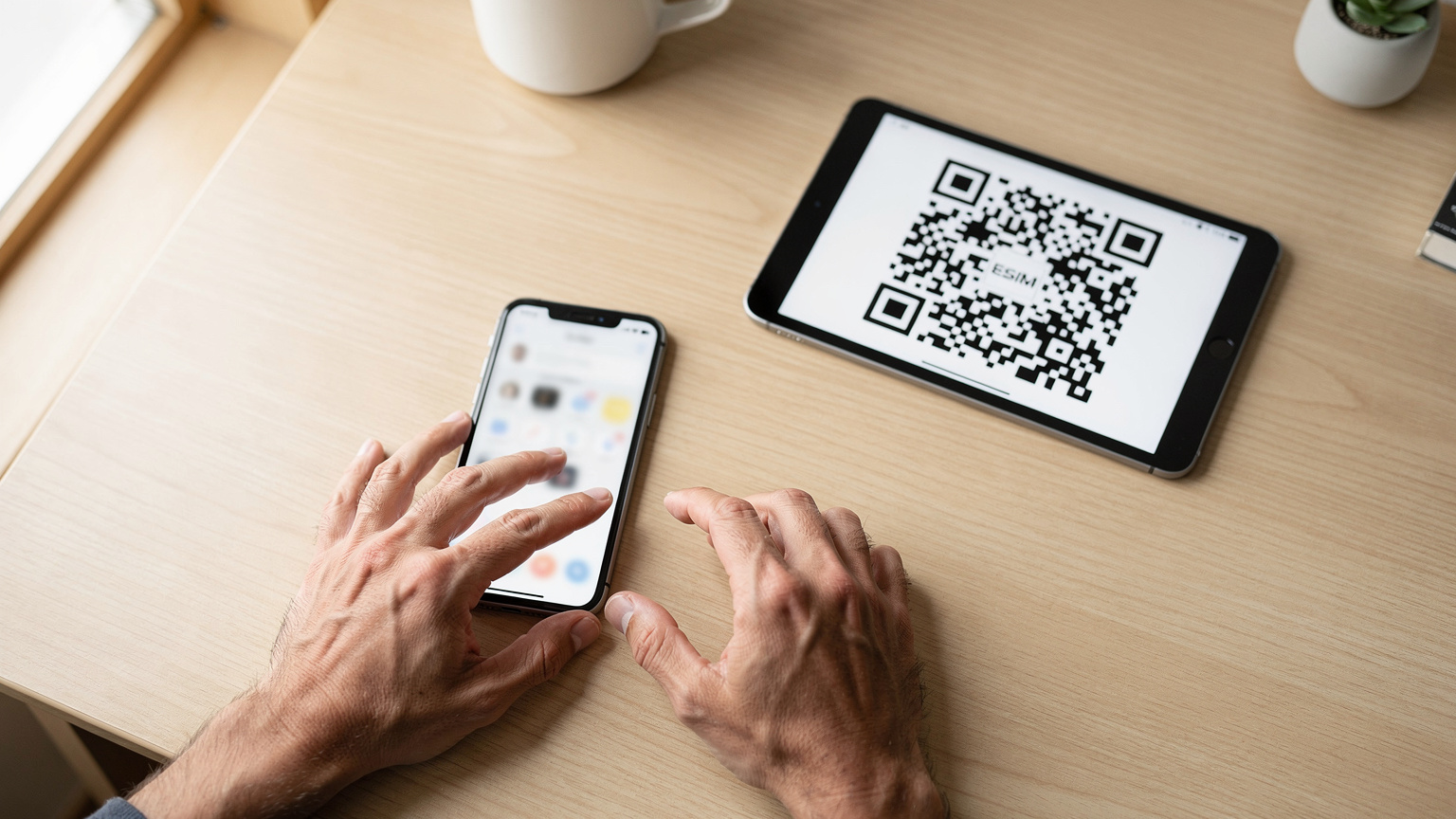 スマートフォンでeSIMのQRコードをスキャンし、設定を行っている手元の様子。シンプルで直感的な操作感が伝わります。