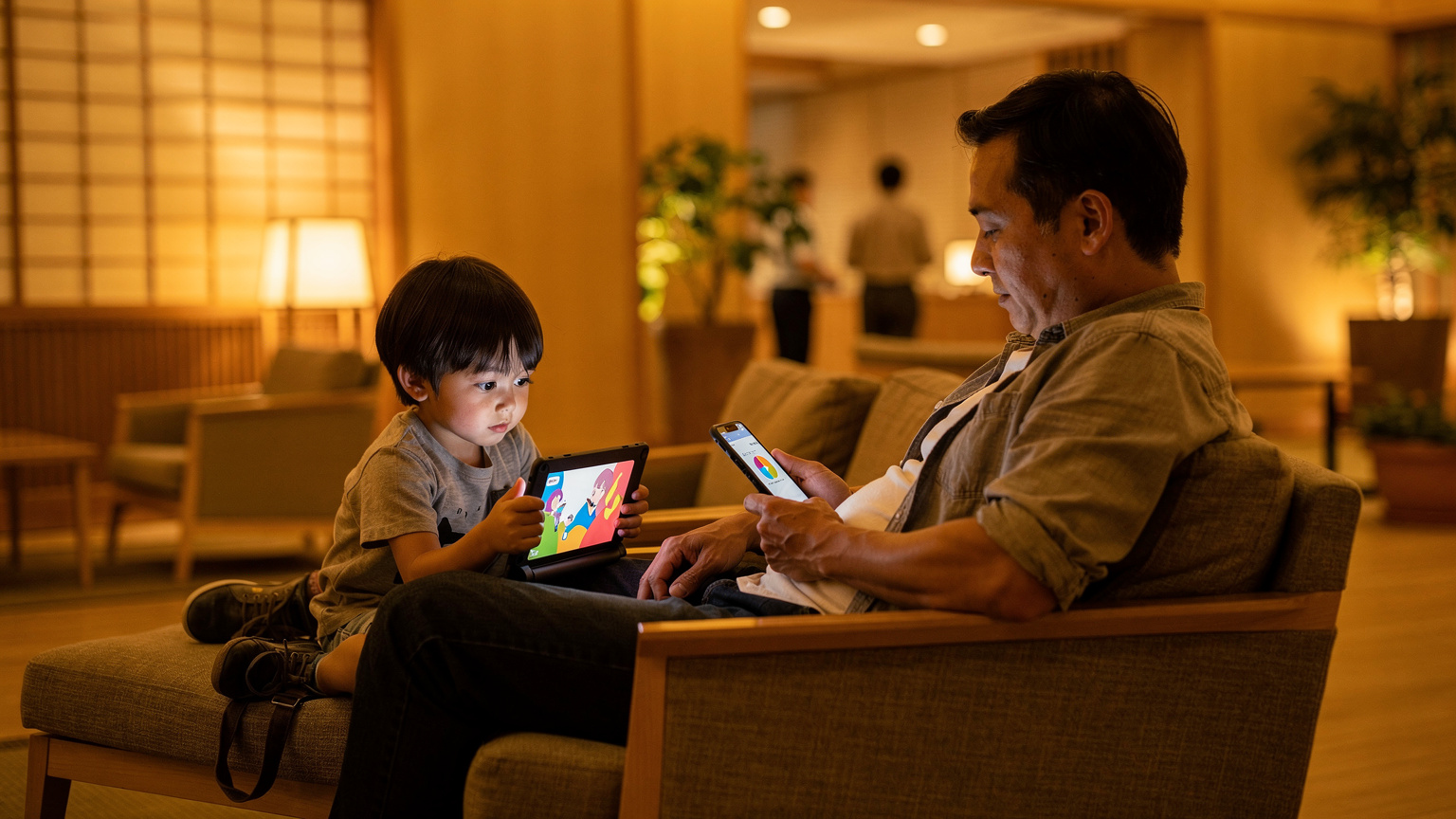 家族旅行でタブレットを使う子どもと、横で安心してスマートフォンを操作する親の様子。海外でも子どもたちがコンテンツを楽しめることは旅のストレスを軽減します。