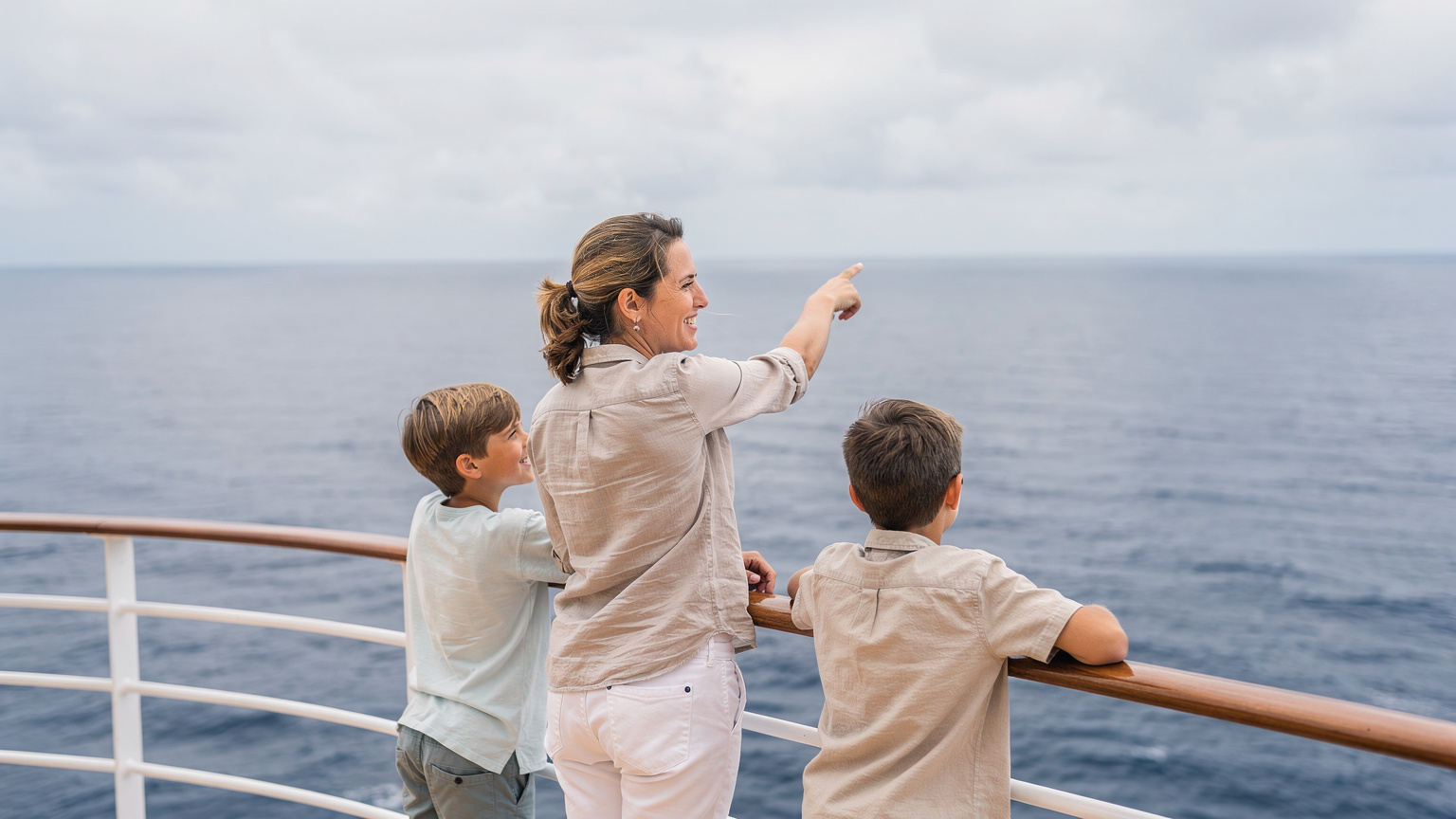 クルーズ船のデッキで、海を眺めながら親子が談笑している様子。オフラインでの家族の時間を大切にしている雰囲気が伝わります。