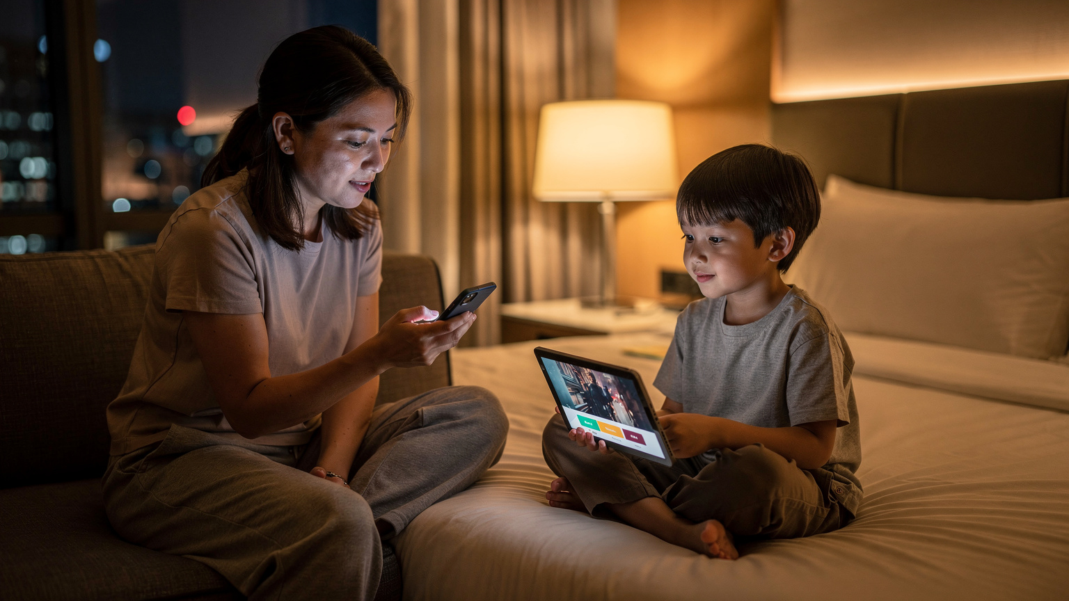 海外のホテルの一室で、子どもがiPadでオフラインコンテンツを楽しんでいる横で、母親がスマートフォンでCellesimアプリのデータ残量を確認している様子。安心感が伝わります。