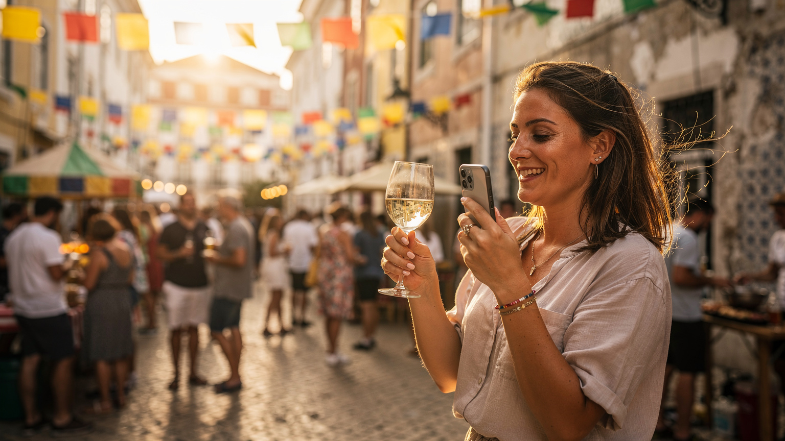 Uma mulher, com um copo de vinho verde na mão, usa o celular para tirar fotos de uma típica festa de rua em Lisboa, com as bandeirinhas coloridas e as casas antigas.