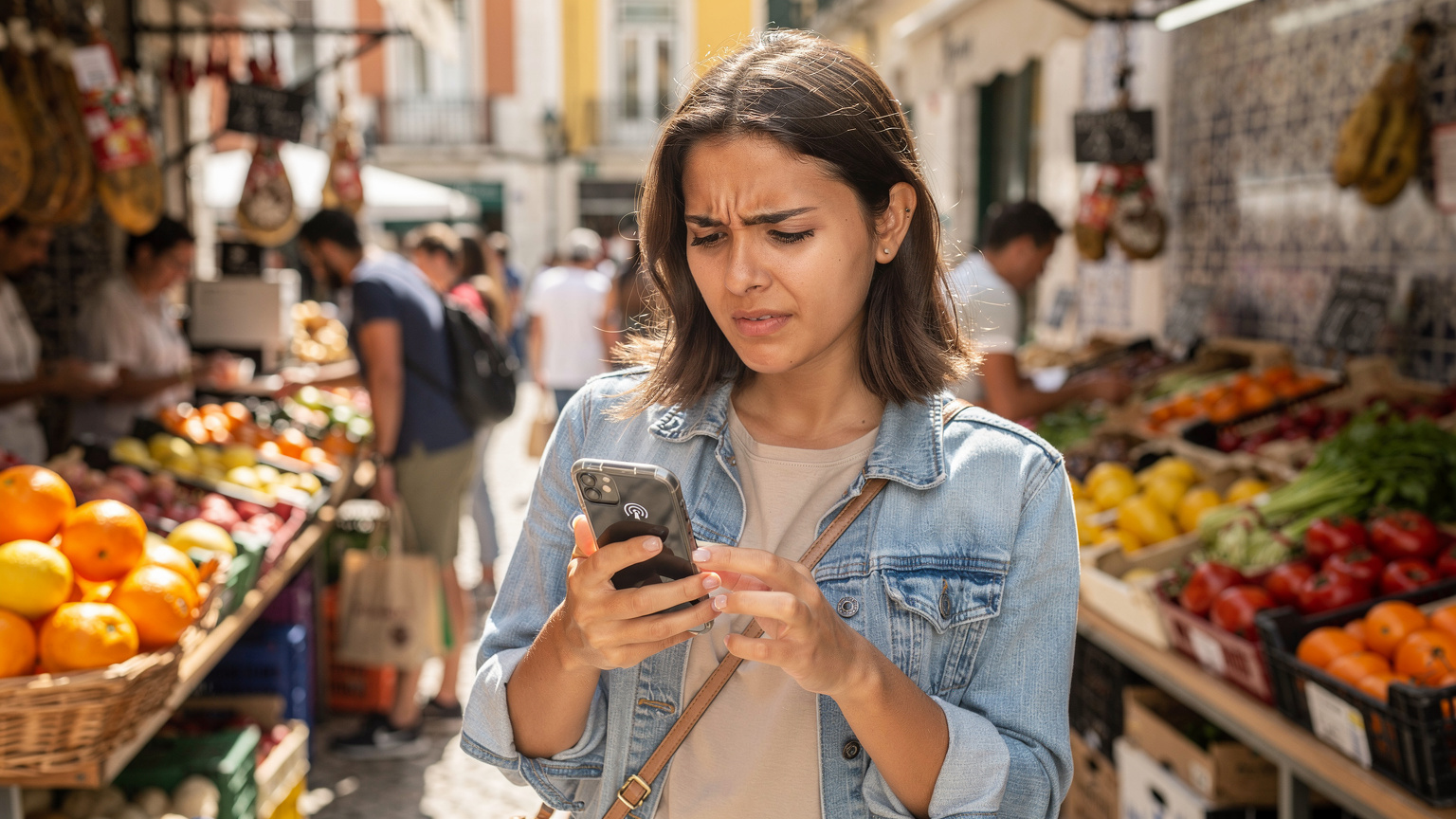 Uma mulher frustrada tenta usar o celular em um mercado movimentado de Lisboa, com o ícone de 'sem sinal' ou 'rede fraca' visível na tela, enquanto as pessoas ao redor conversam e compram produtos frescos.