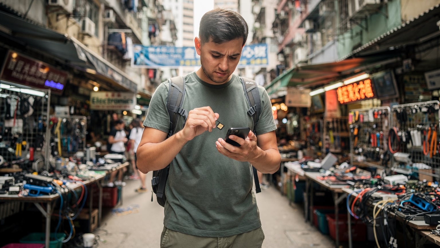 一名旅行者在香港深水埗的街頭,手持一部iPhone,仔細檢查SIM卡槽,背景是熱鬧的電子產品商店。