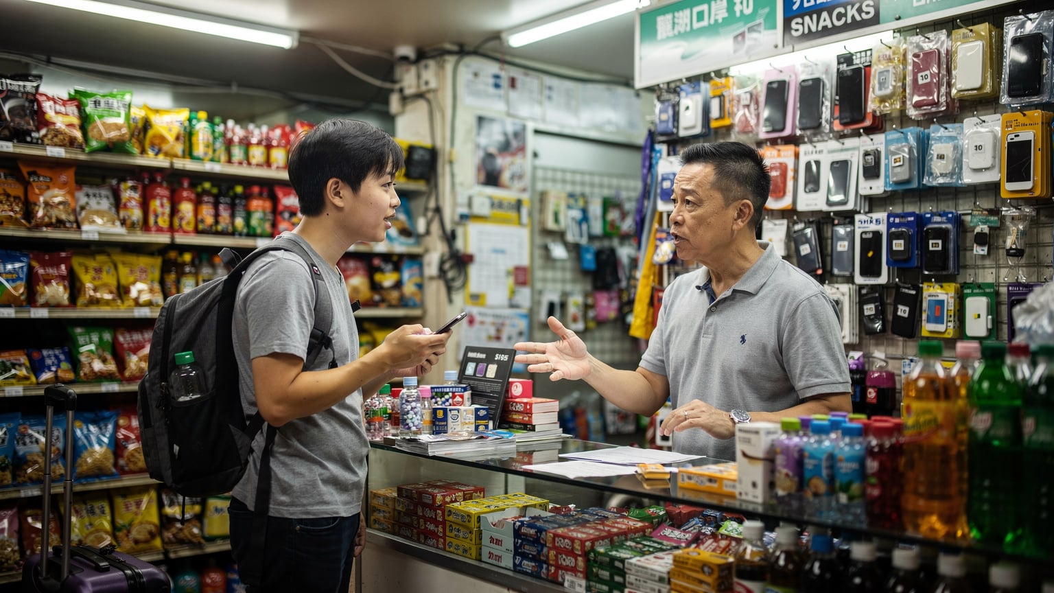 一名中國大陸旅客在羅湖口岸的便利店櫃檯前,向店員詢問購買香港本地實體SIM卡。