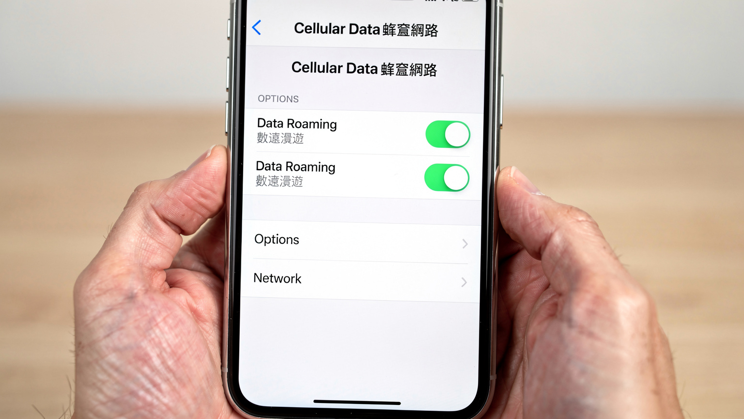 一個iPhone的屏幕截圖,顯示「蜂窩網路」設定頁面,其中「數據漫遊」選項被高亮顯示並設定為開啟。