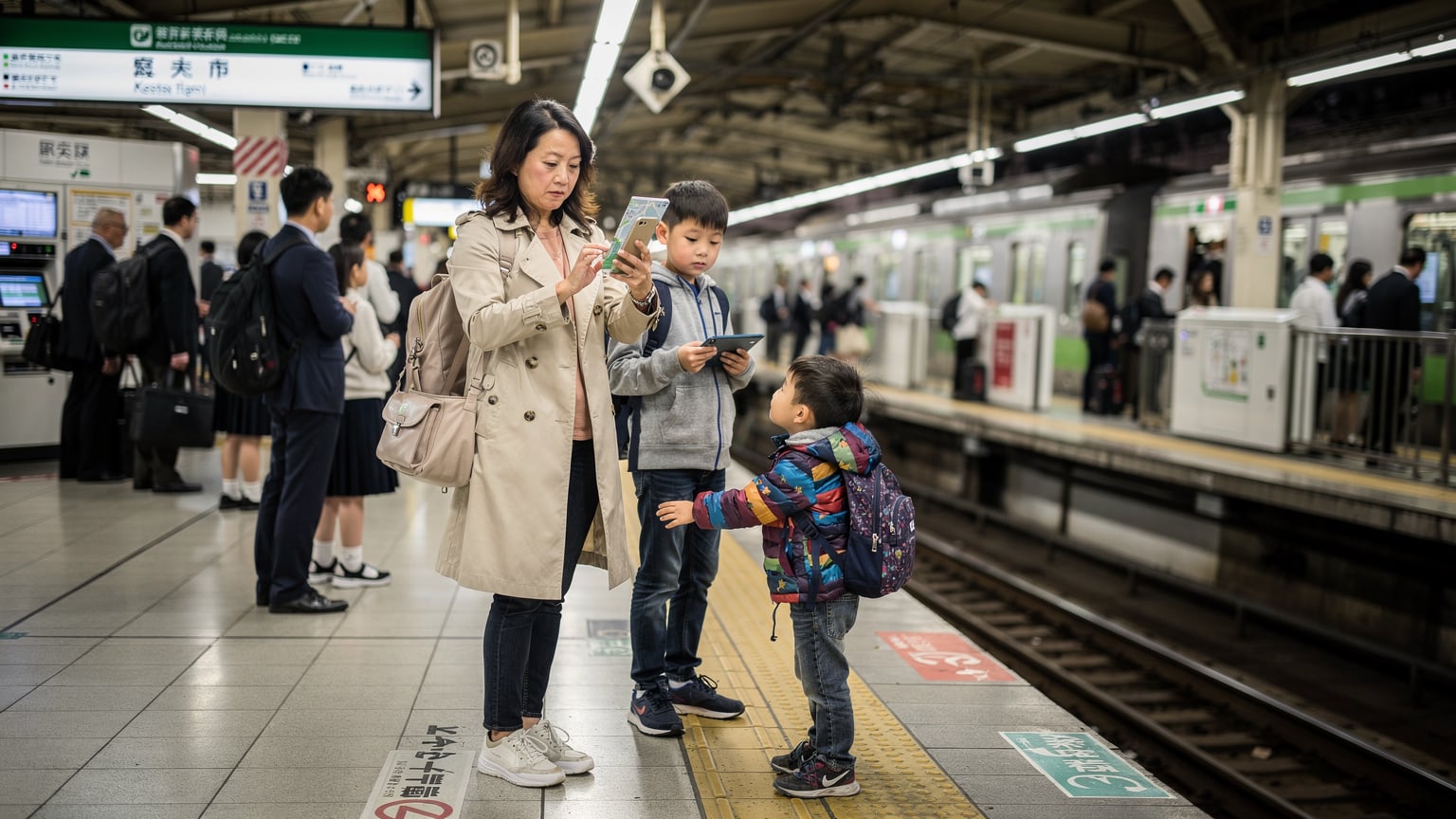 一個媽媽在東京地鐵站的月台上, 舉著手機查看地圖, 臉上帶著一絲焦慮, 旁邊一個孩子拉著她的衣角, 另一隻手抓著一個iPad。