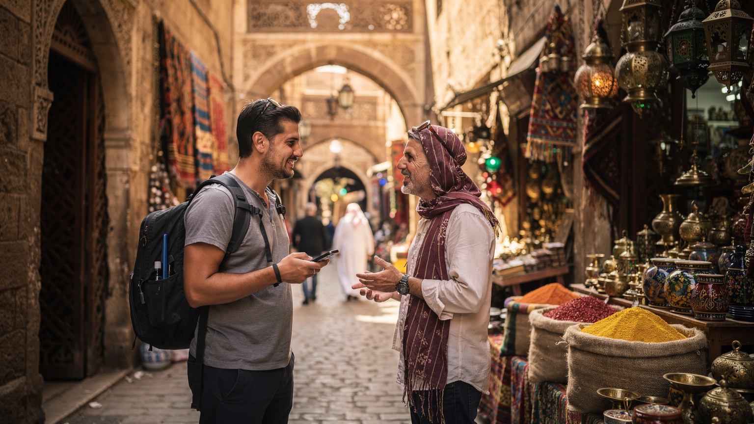Un voyageur, son smartphone à la main, échange avec un vendeur de souvenirs dans le quartier de Khan el-Khalili au Caire, avec l'architecture locale en arrière-plan.