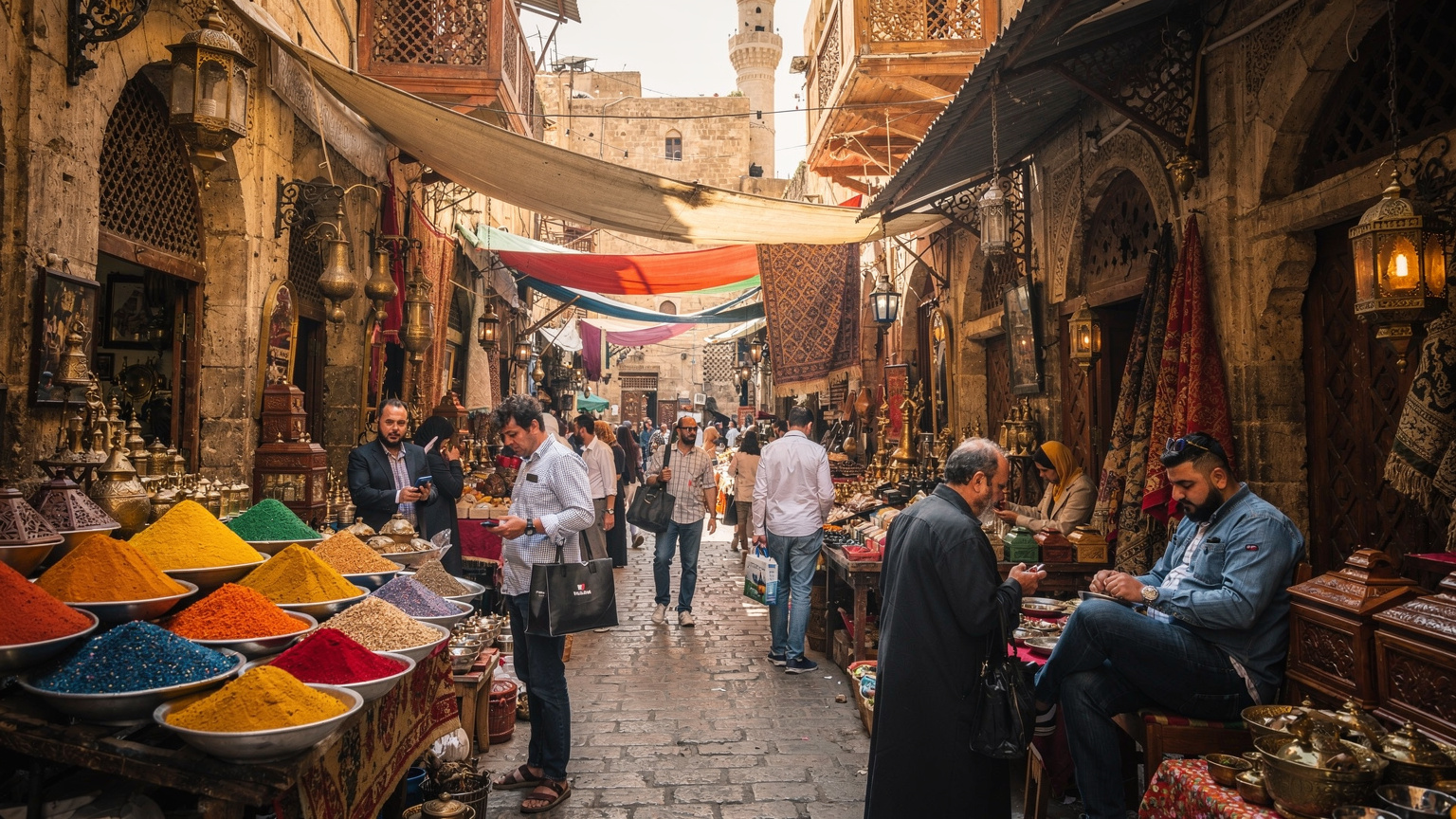 Un marché local animé au Caire, avec des étals colorés et des passants échangeant, montrant la vie quotidienne égyptienne.