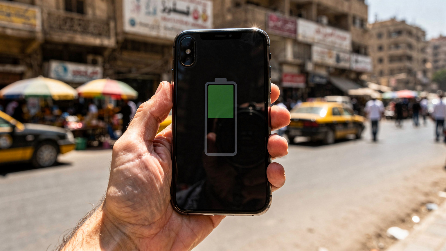 Un téléphone affichant un message de faible batterie ou de perte de signal, tenu par une main anxieuse, devant un arrière-plan flou d'une rue animée au Caire, suggérant un problème de connexion.