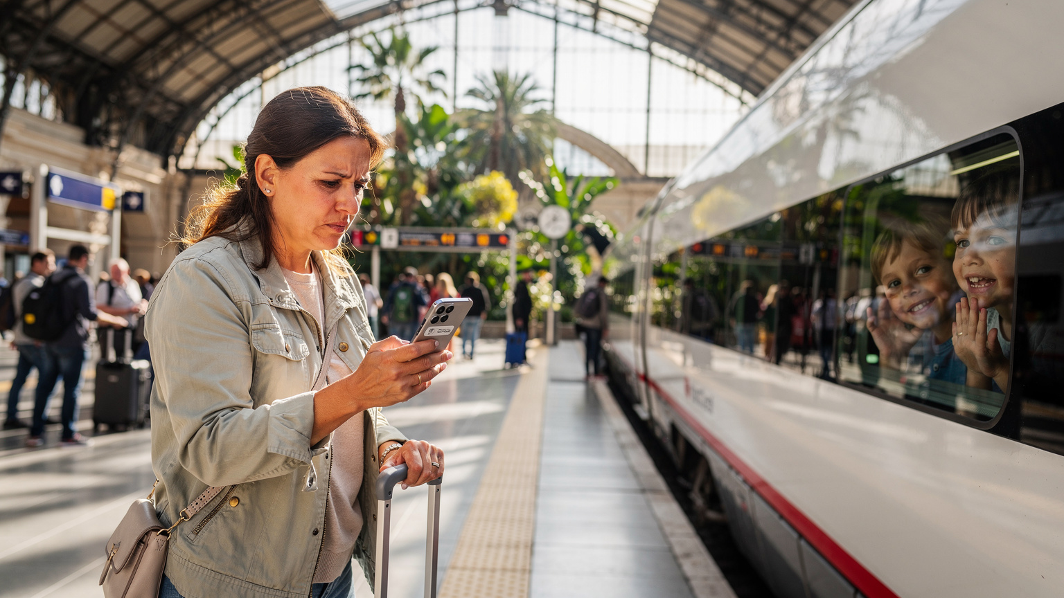 Una madre revisa con preocupación su Samsung Galaxy S25 en una concurrida estación de tren, mientras sus hijos miran por la ventana del vagón, ajenos al problema.