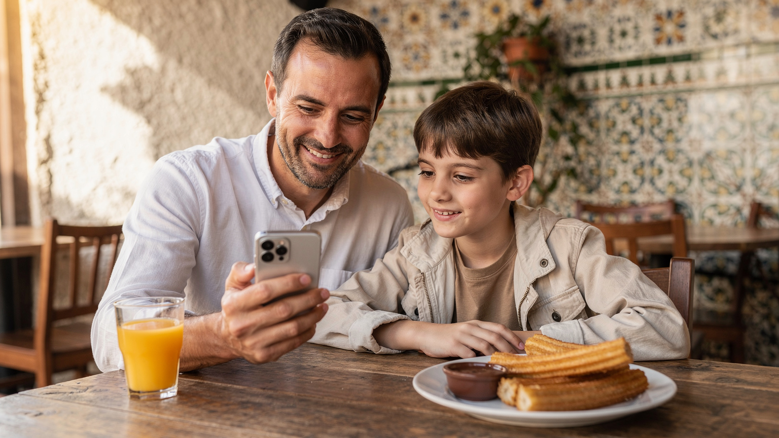 Un padre sonríe al hijo mientras configura un límite de tiempo de pantalla en su Samsung Galaxy S25, sentado en una cafetería local de Sevilla, con un jugo de naranja y un plato de churros en la mesa.