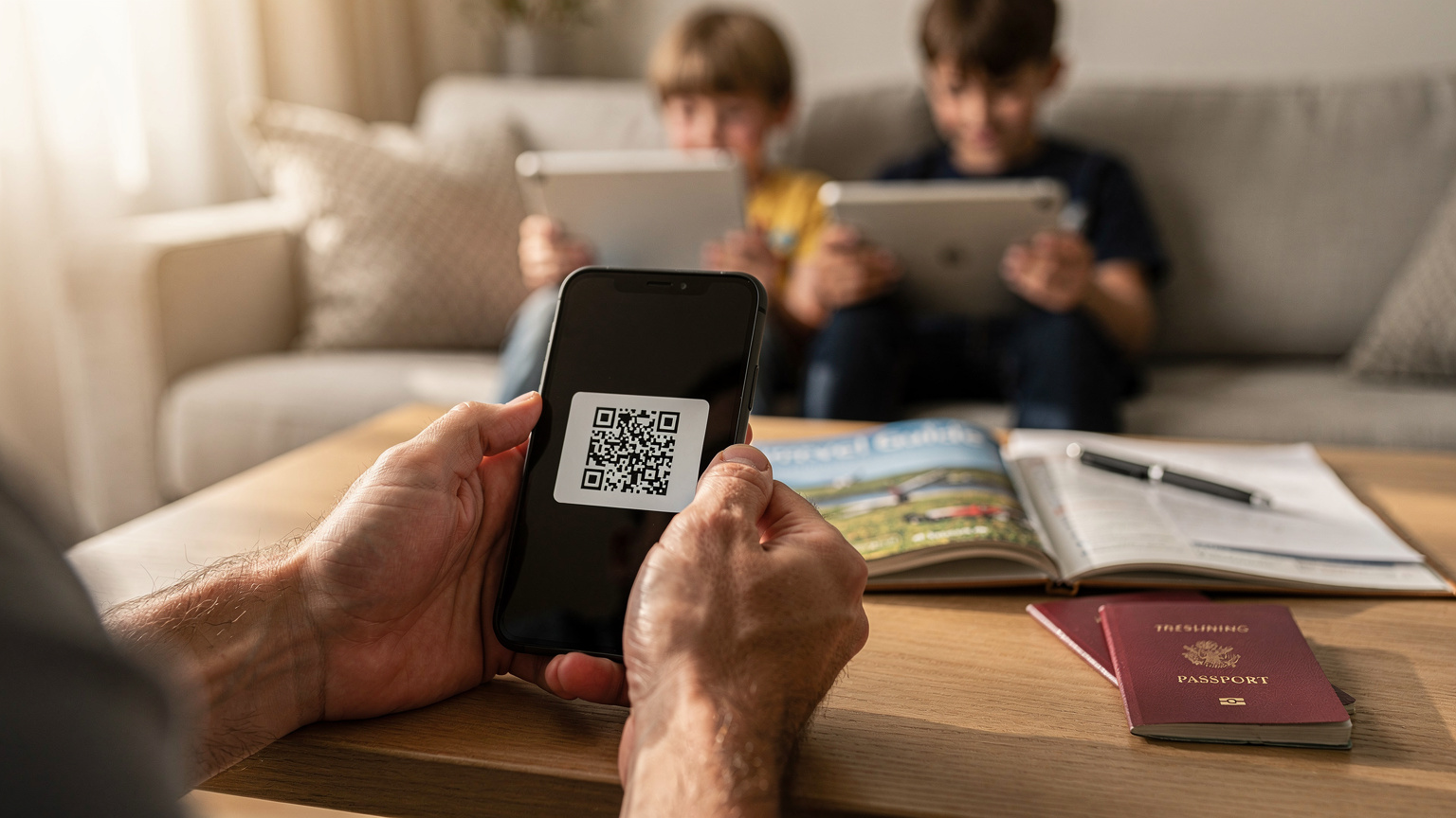 Een ouder die een eSIM installeert op een smartphone, terwijl de kinderen druk bezig zijn met hun tablets op de achtergrond, wat een moment van planning en voorbereiding vastlegt.