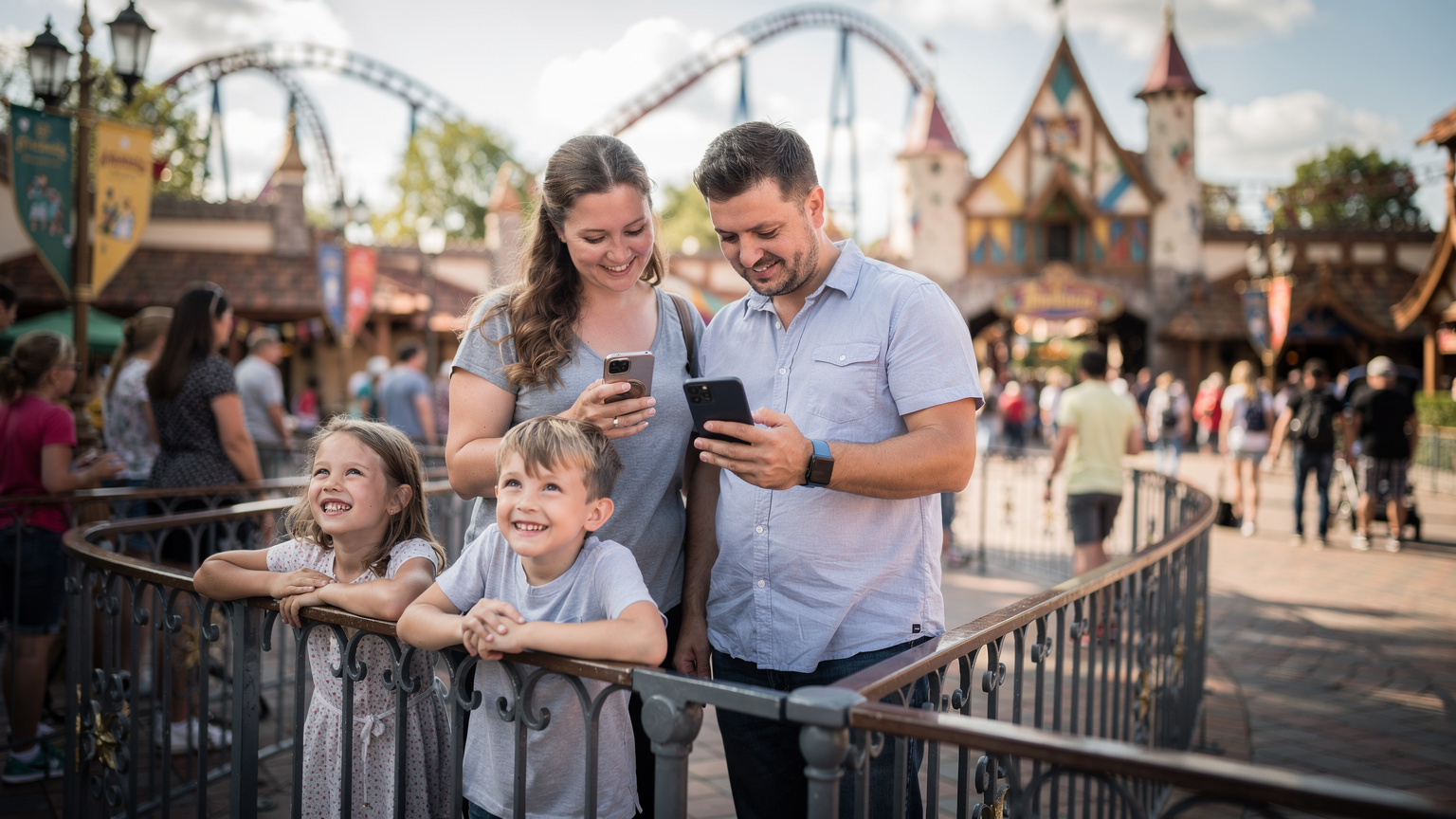 Een gezin dat zich vermaakt in een pretpark, waarbij de ouders hun smartphone gebruiken om de wachttijden van attracties te controleren, terwijl de kinderen enthousiast wachten op hun beurt.