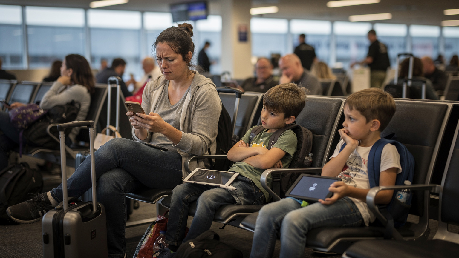 Een gestresste ouder kijkt zorgelijk naar haar smartphone op een drukke luchthaven, terwijl de kinderen zich zichtbaar vervelen met hun lege tablets, wat de frustratie van gebrek aan connectiviteit en entertainment illustreert.