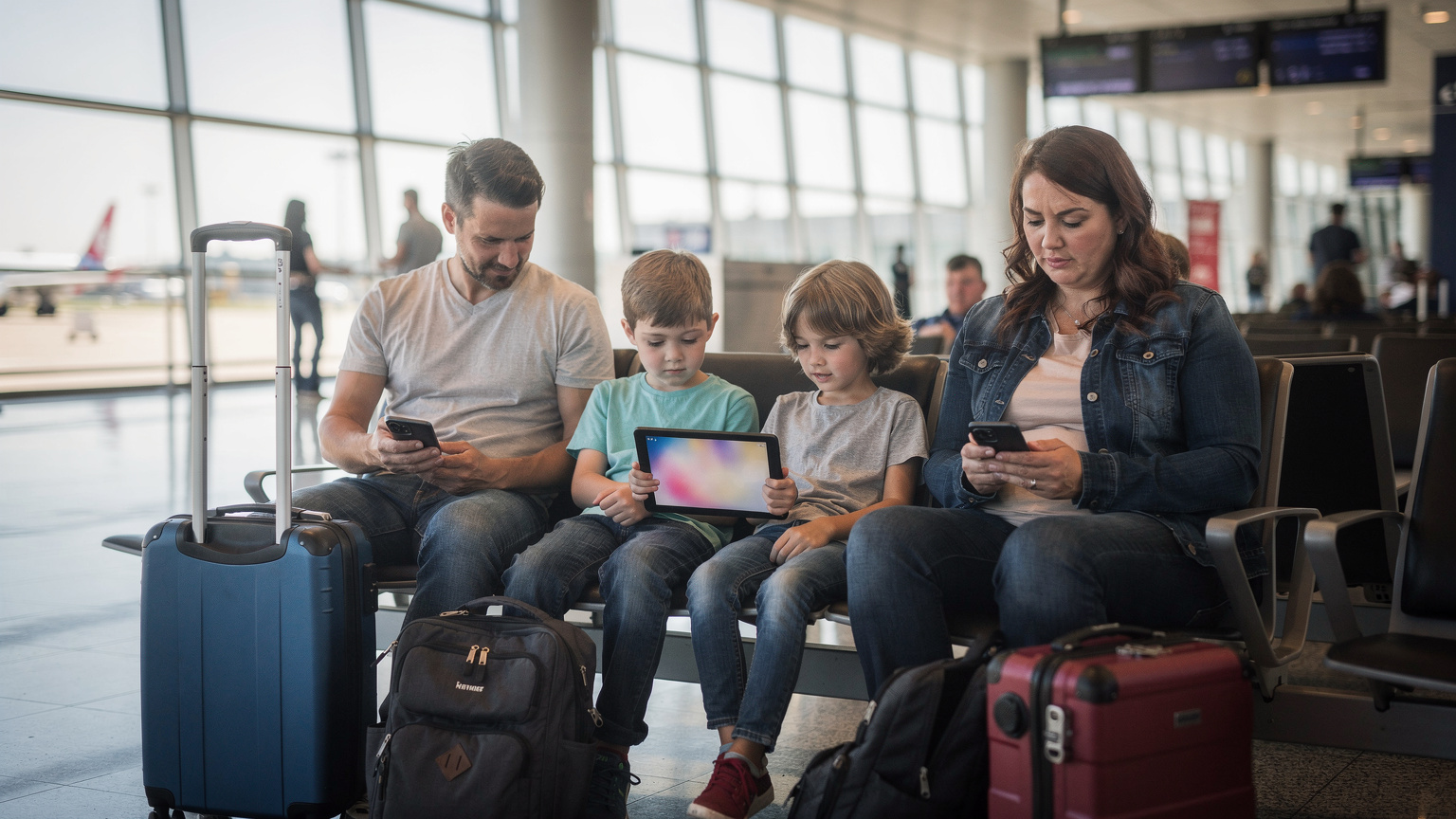 Een gezin dat rustig wacht in een drukke luchthaven, de kinderen kijken tv op een tablet, terwijl de ouders belangrijke reisinformatie checken op hun telefoons.