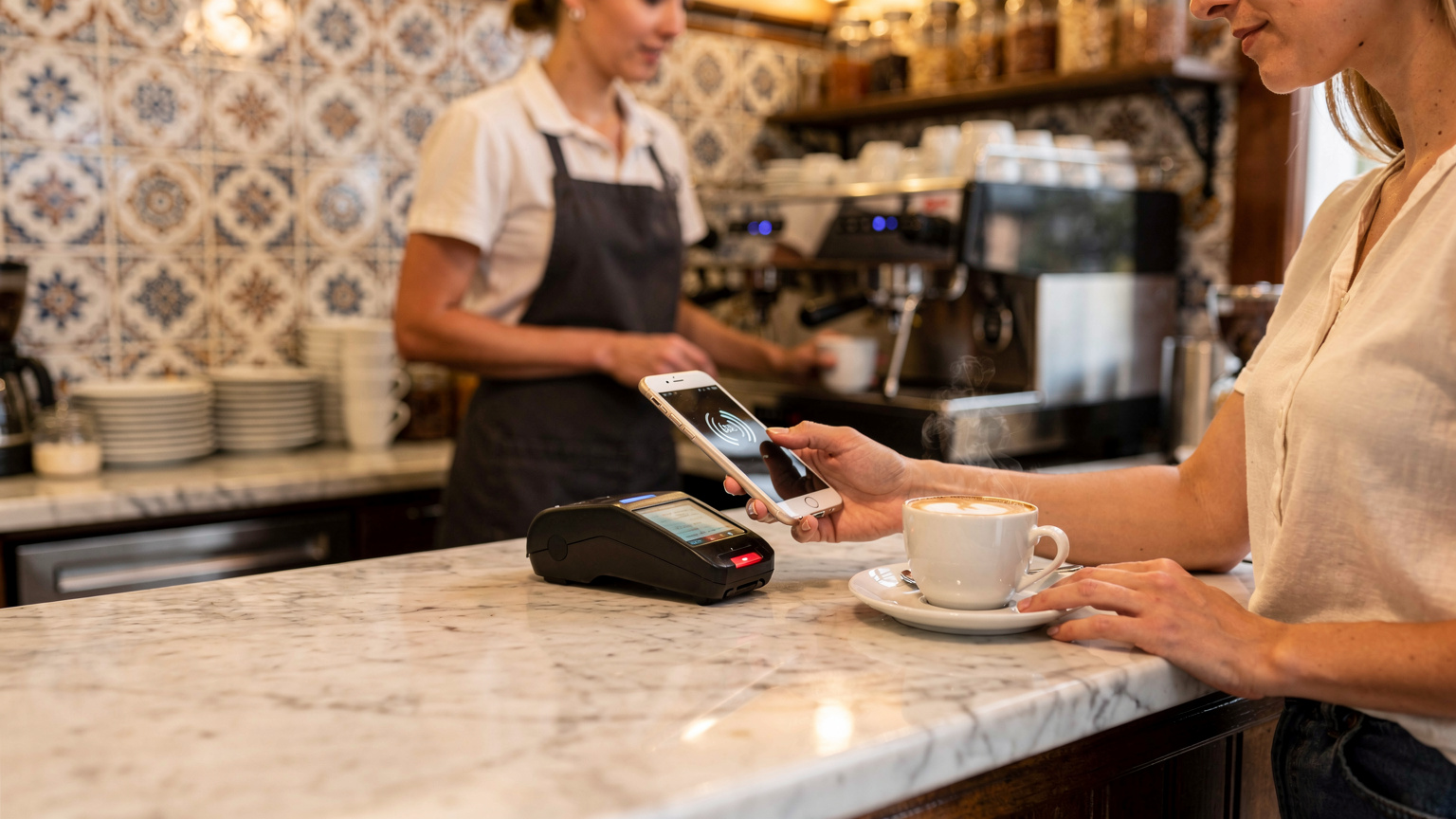 Una mujer joven paga un café con su teléfono móvil en la barra de una cafetería tradicional en el barrio de Triana, Sevilla.
